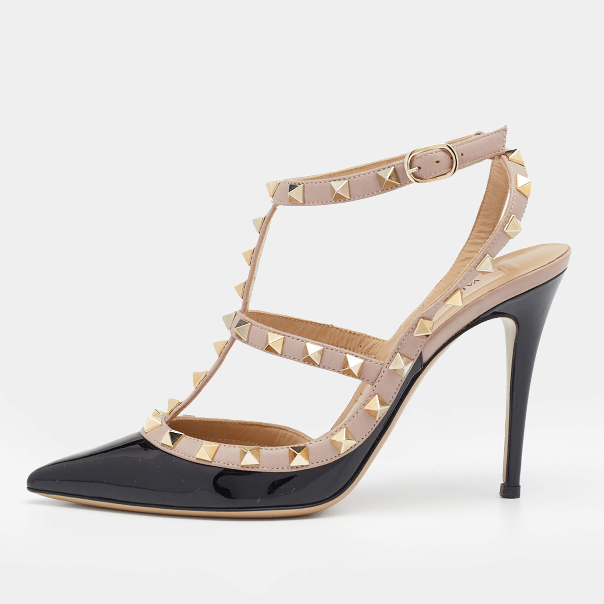 Pre Owned Valentino Black/Beige Patent And Leather Rockstud Ankle Strap Sandals Size 38