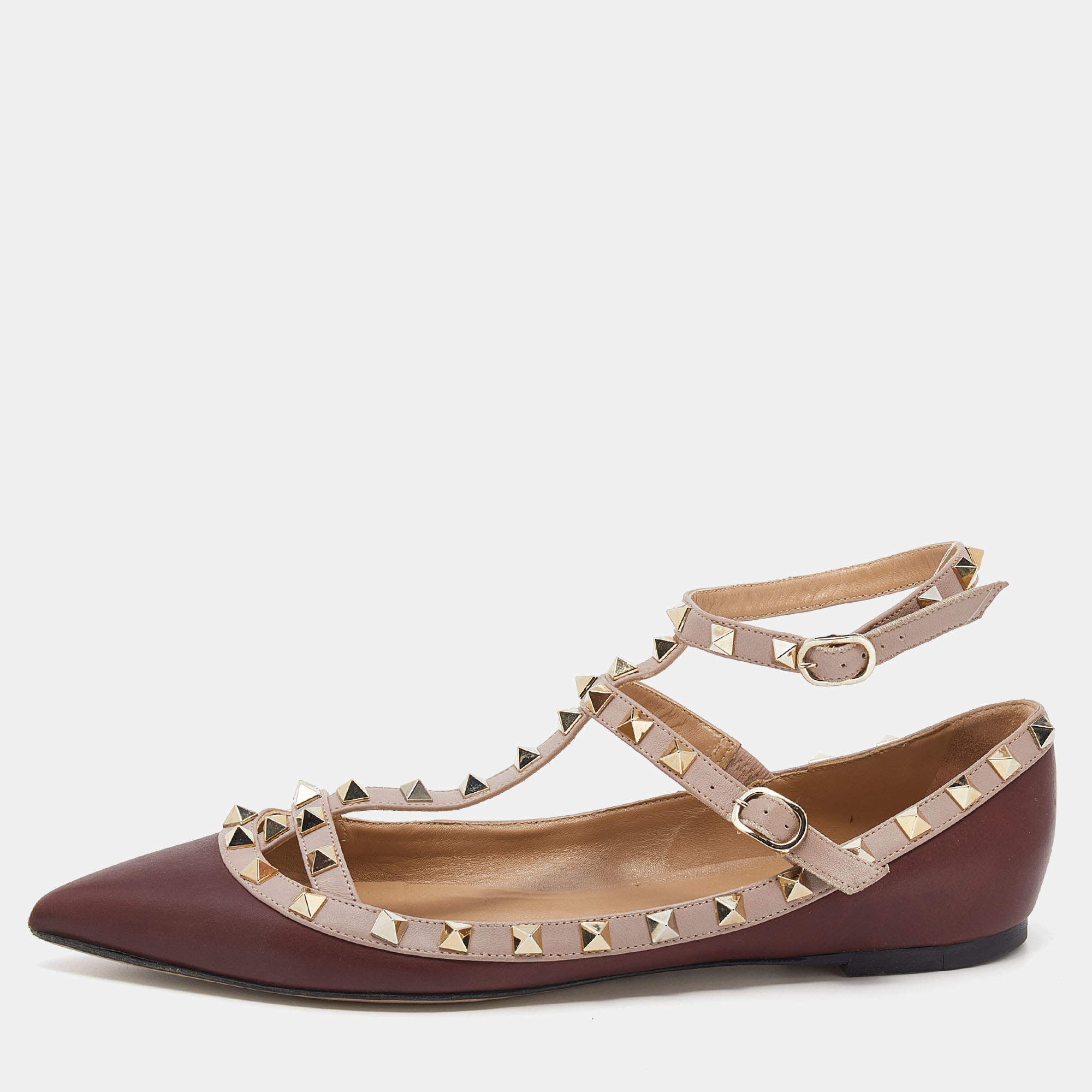 Valentino Burgundy/Beige Leather Rockstud Caged Ballet Flats Size 40.5