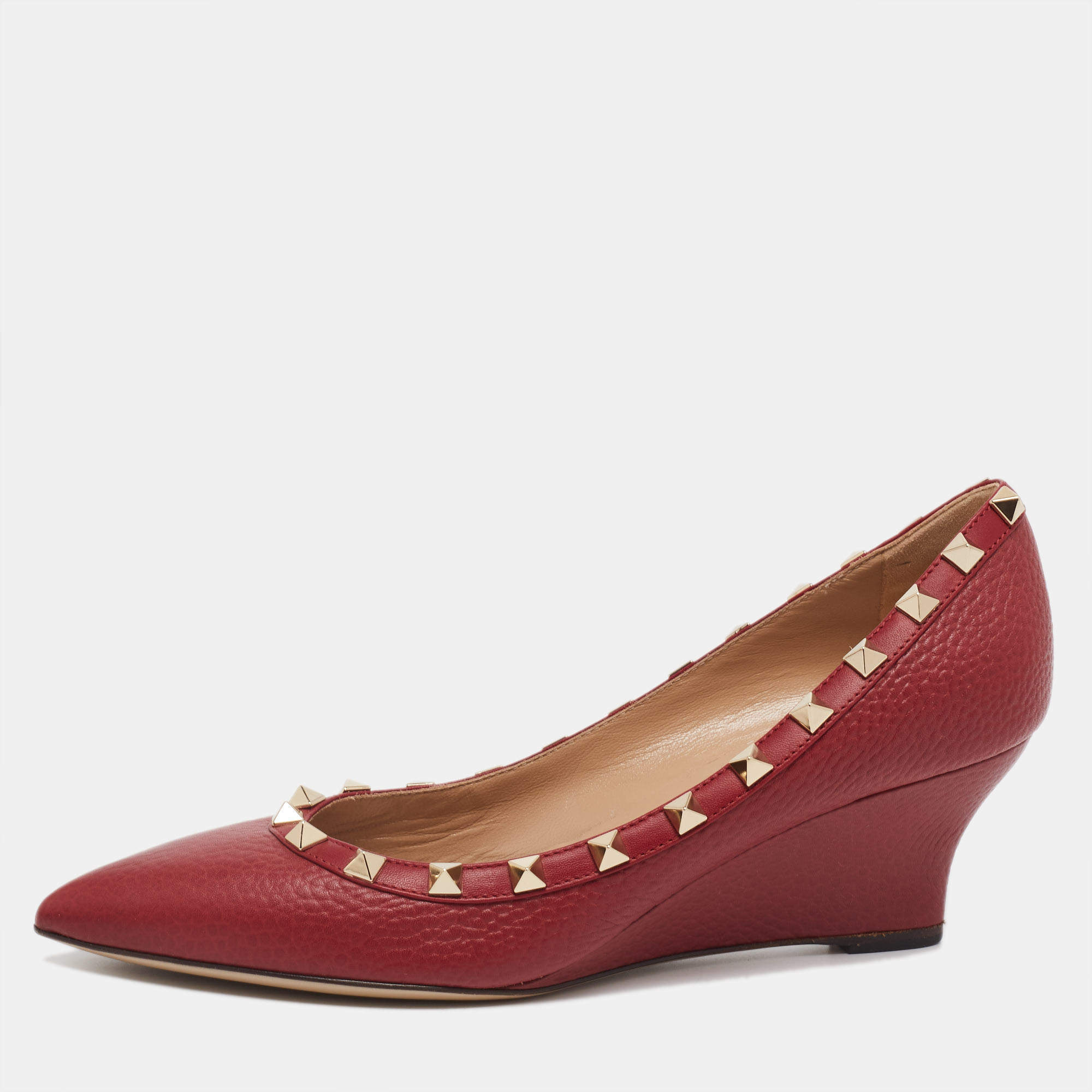 Valentino  Burgundy Leather Rockstud Pointed Toe Wedge Pumps Size 37