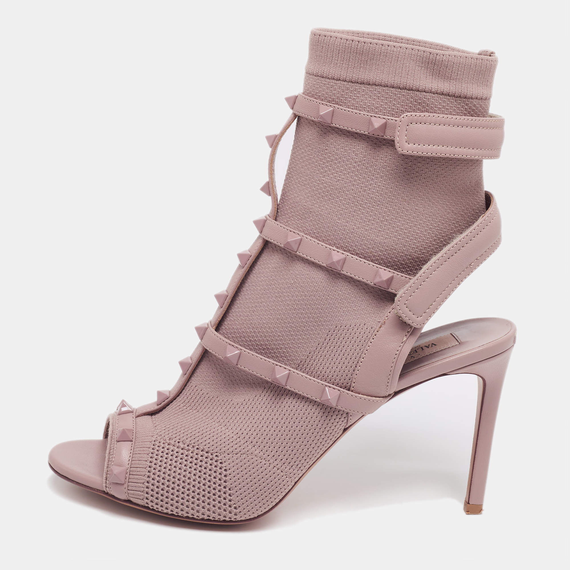 Valentino Beige Leather And Knit Fabric Rockstud Peep Toe Ankle  Boots Size 39.5