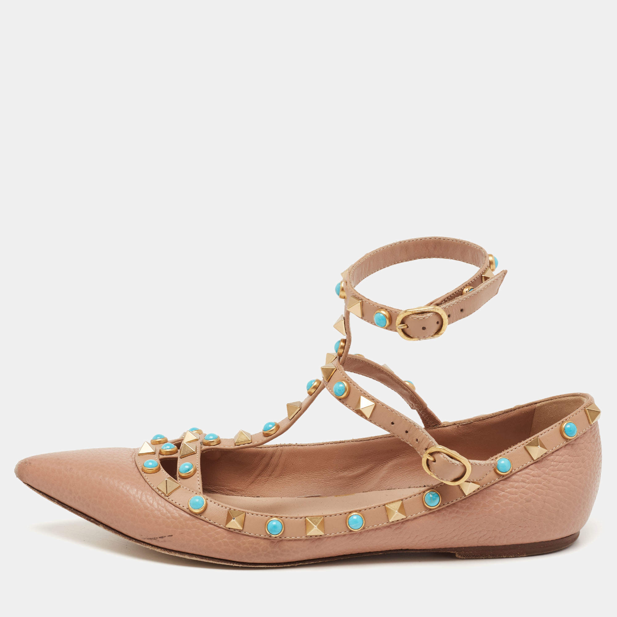 Pre Owned Valentino Beige Leather Rolling Rockstud T-Strap Ballet Flats Size 37.5