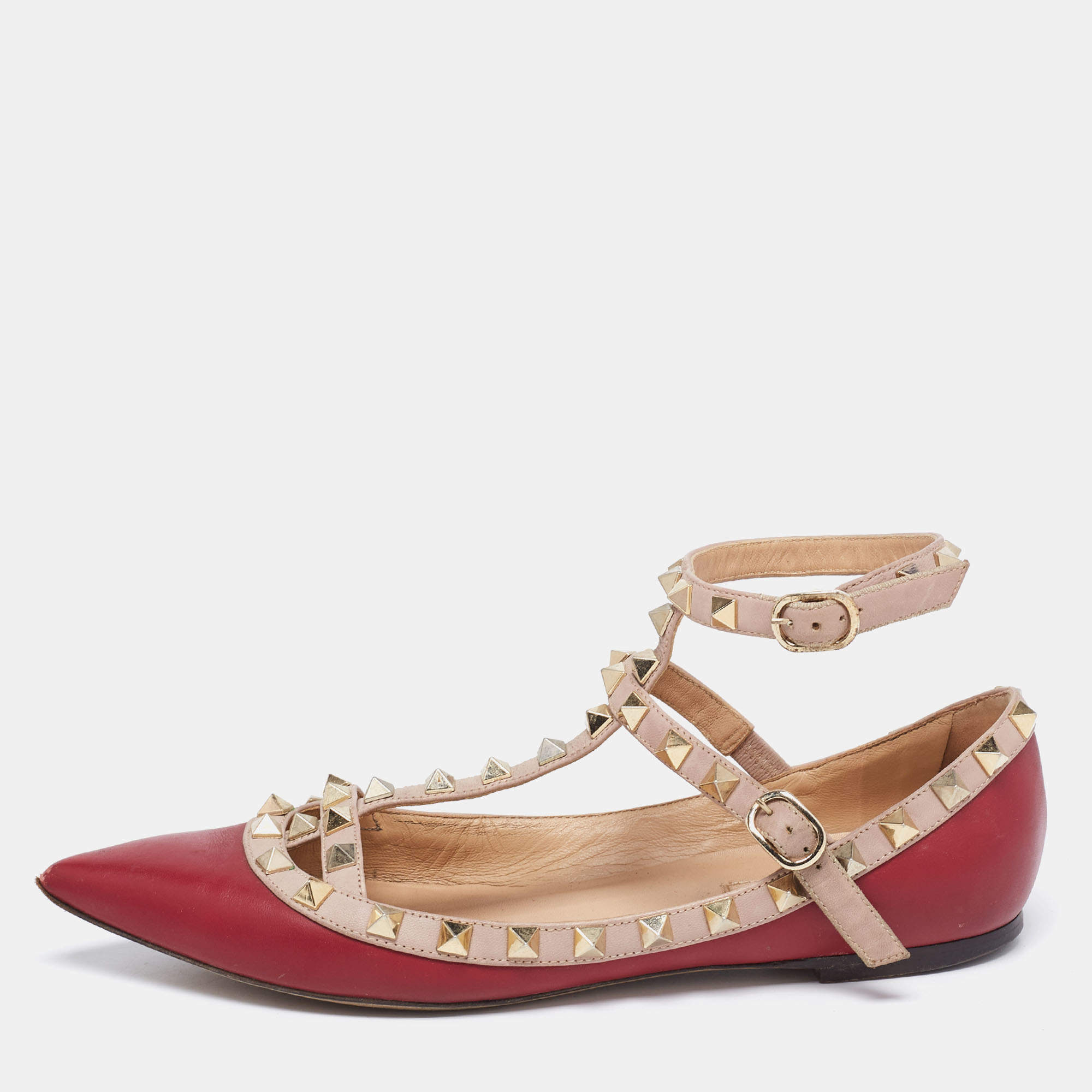 Pre Owned Valentino Burgundy/Pink Leather Rockstud Ankle-Strap Ballet Flats Size 37