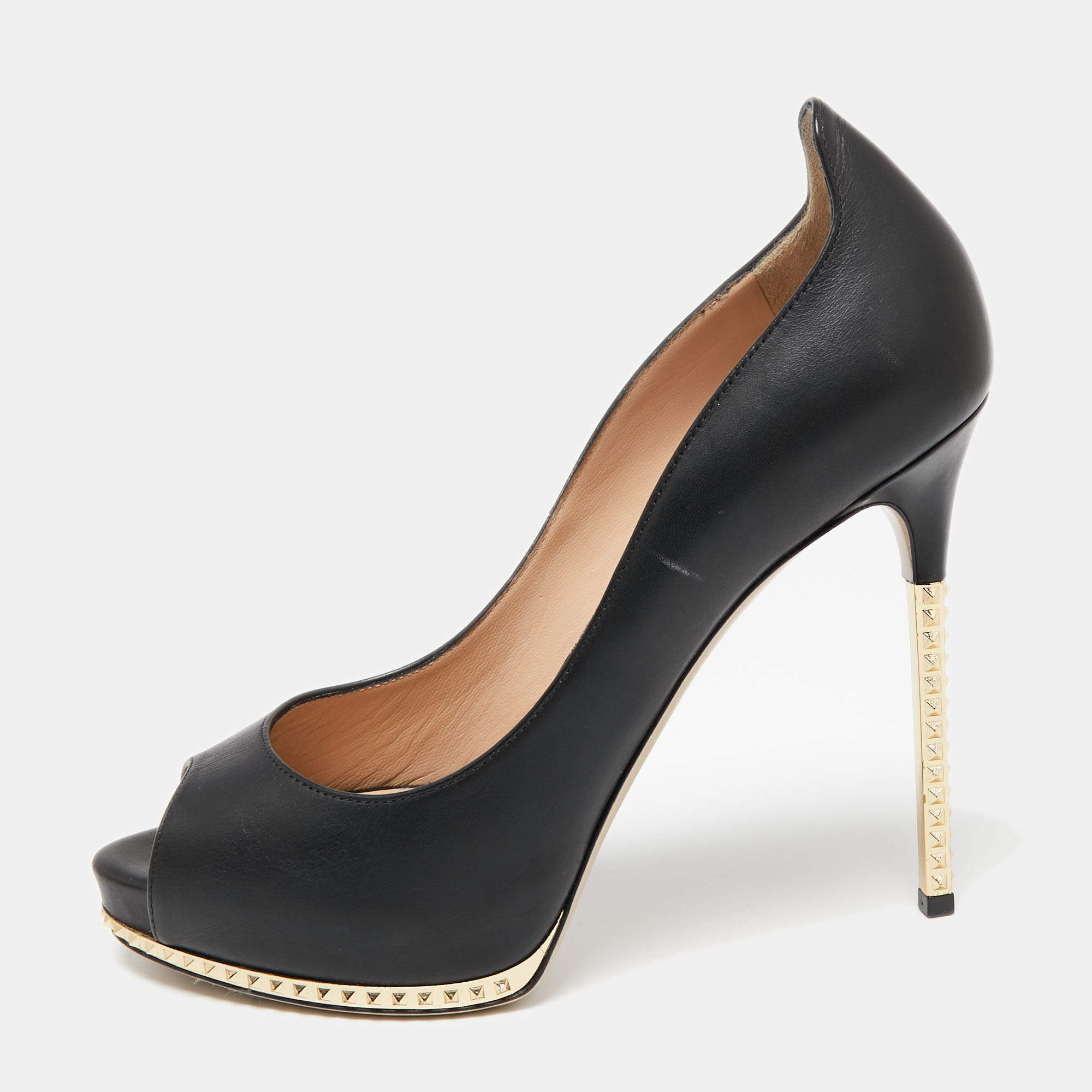 Pre Owned Valentino Black Leather Studded Heel and Platform Peep-Toe Pumps Size 37.5