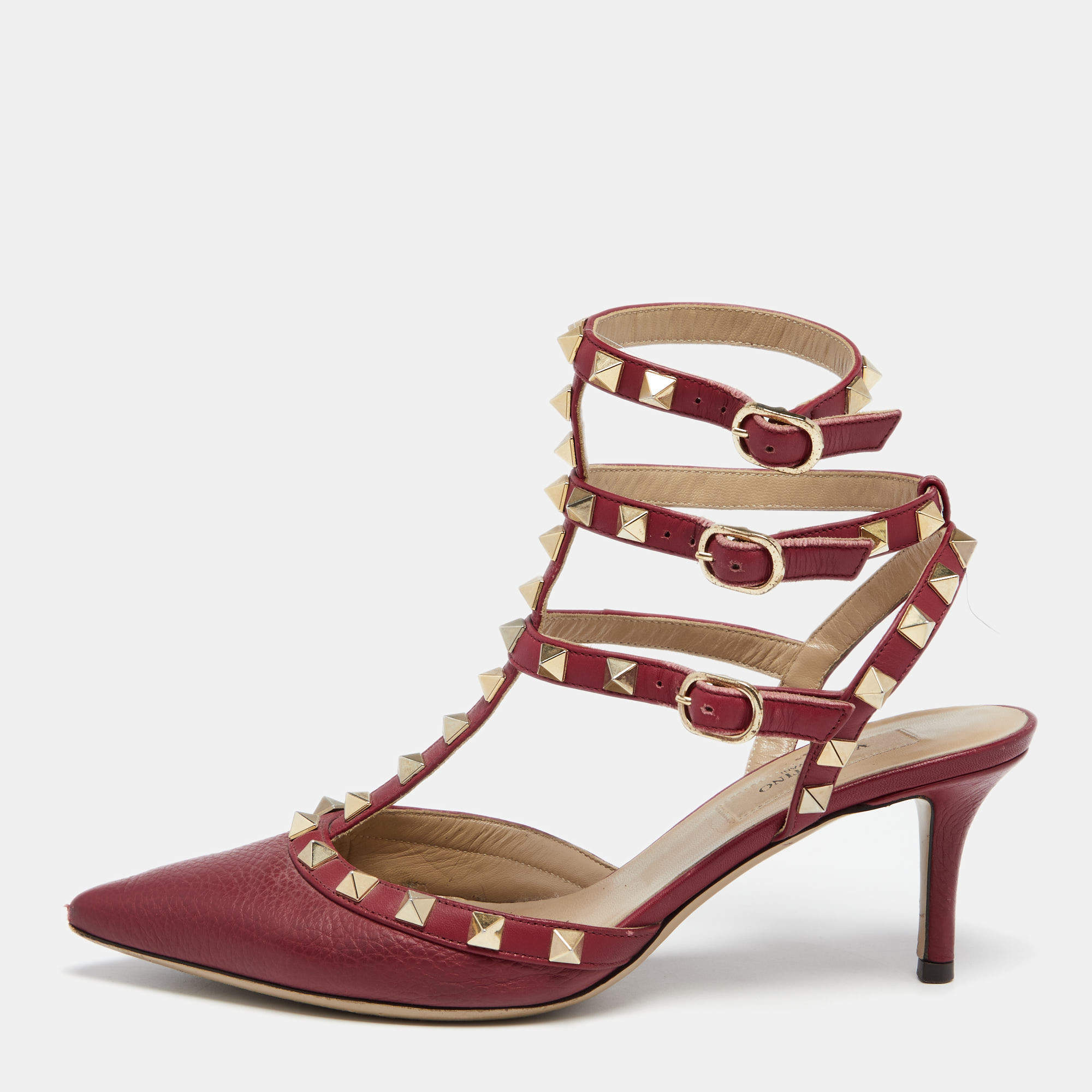 Pre Owned Valentino Red Leather Rockstud Ankle Strap Pumps Size 36.5