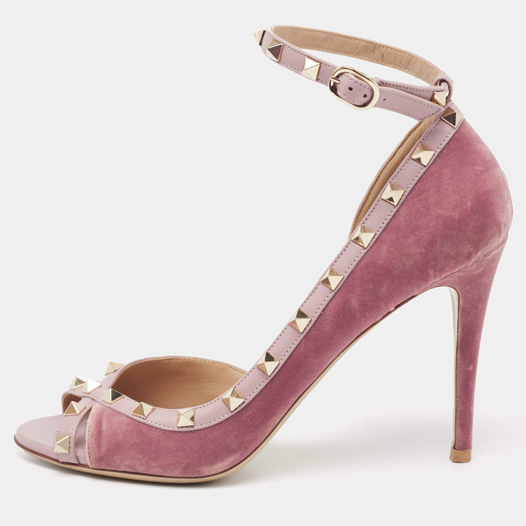 Pre Owned Valentino Two-Tone Velvet and Leather Rockstud Open-Toe Ankle-Strap Pumps Size 39.5
