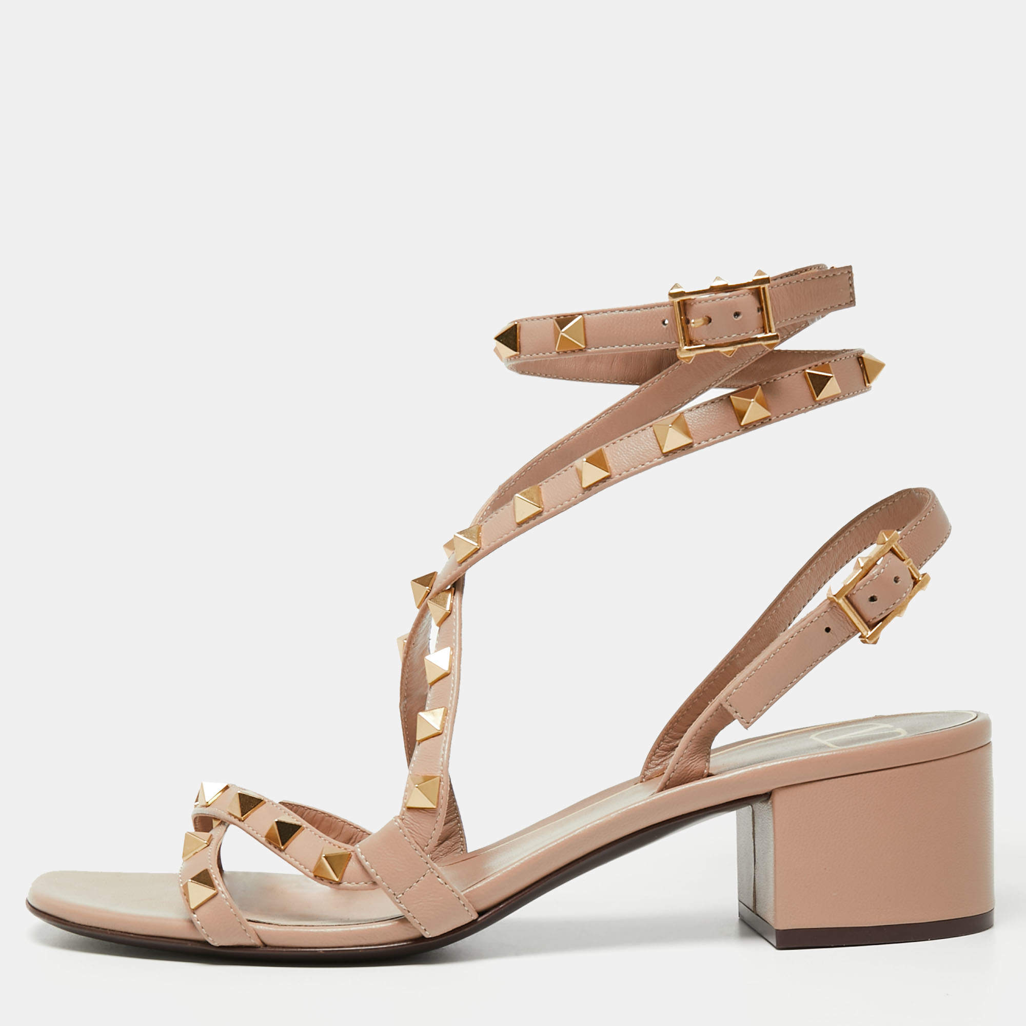 مملوكة مسبقًا Valentino Dusty Pink Leather Rockstud Ankle-Strap Block Heel Sandals Size 38