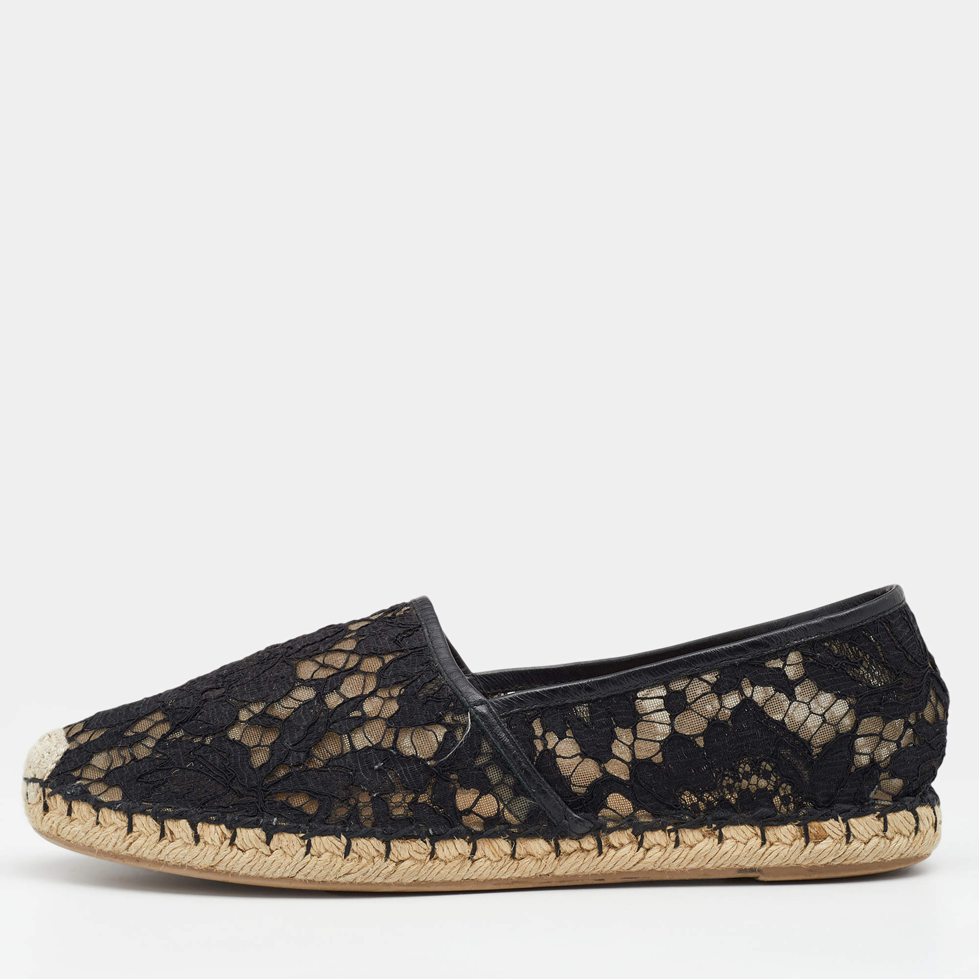 Pre Owned Valentino Black Lace Espadrille Flats Size 39