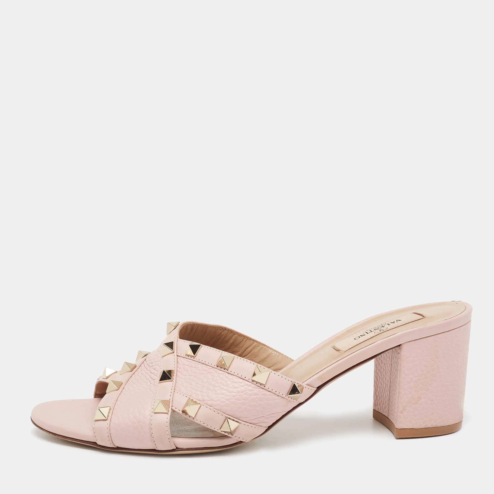 Valentino Light Pink Leather Criss Cross Rockstud Block Heel Slide Sandals Size 40