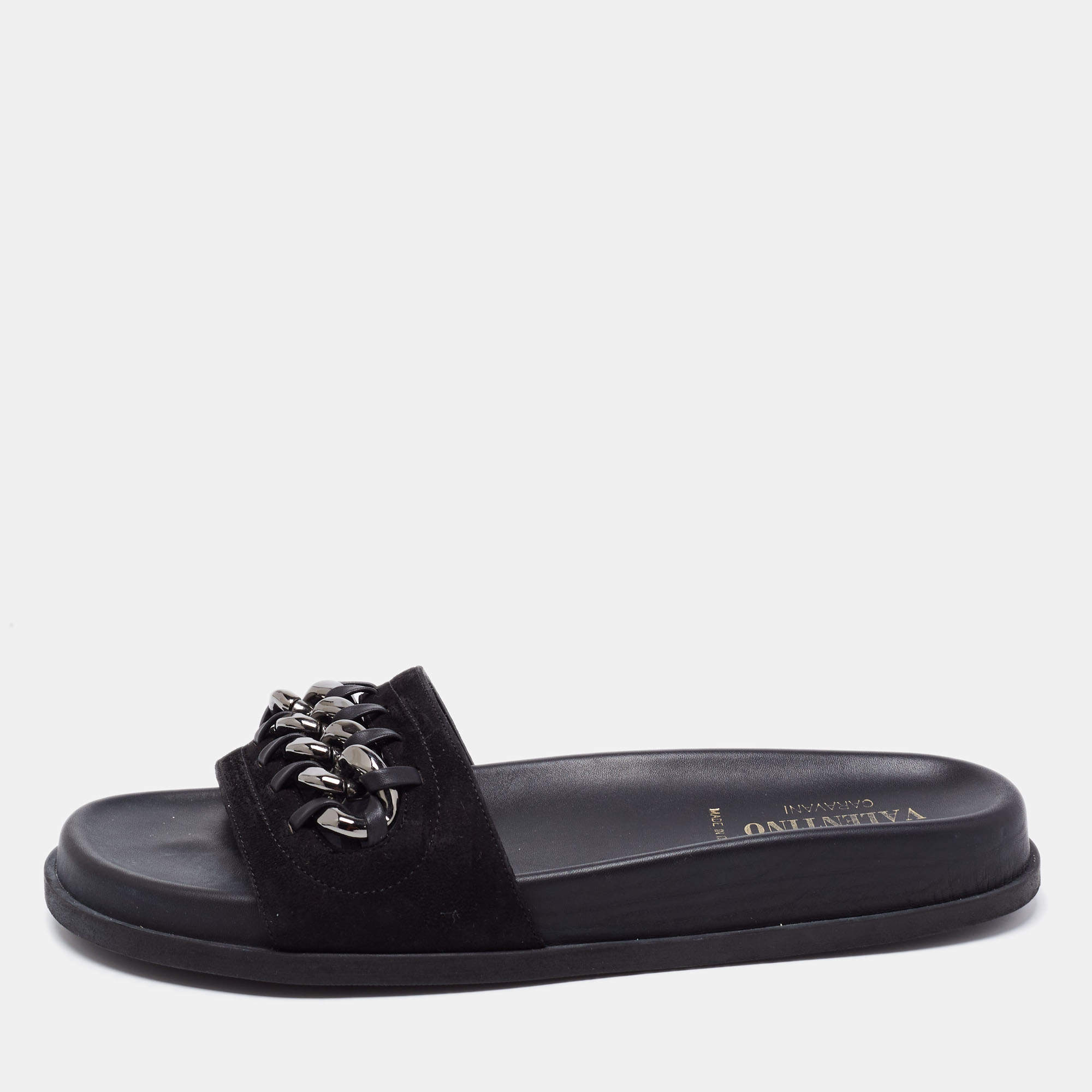 Pre Owned Valentino Black Suede Chain Detail Flat Slides Size 38
