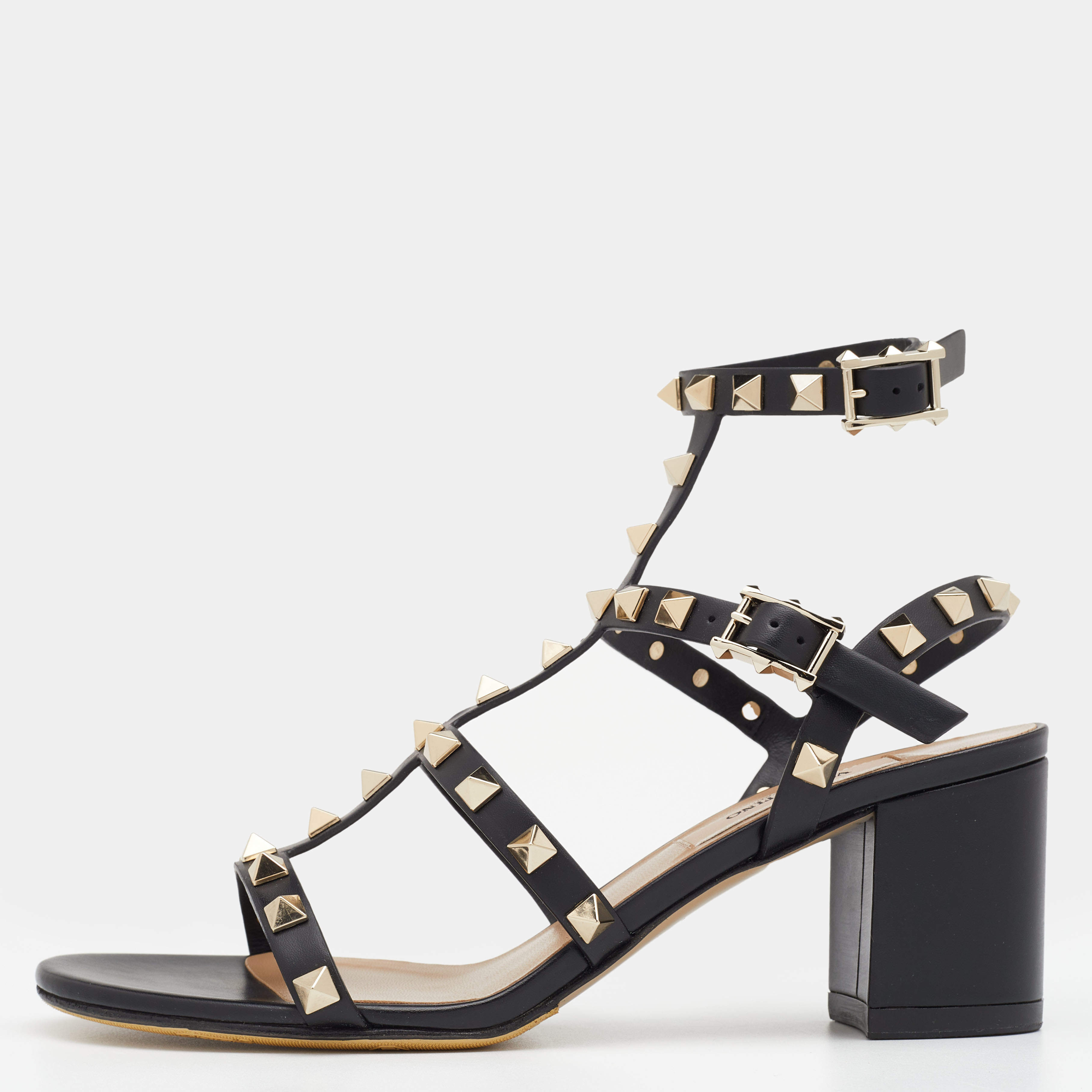 Pre Owned Valentino Black Leather Rockstud Strappy Block Heel Sandals Size 36