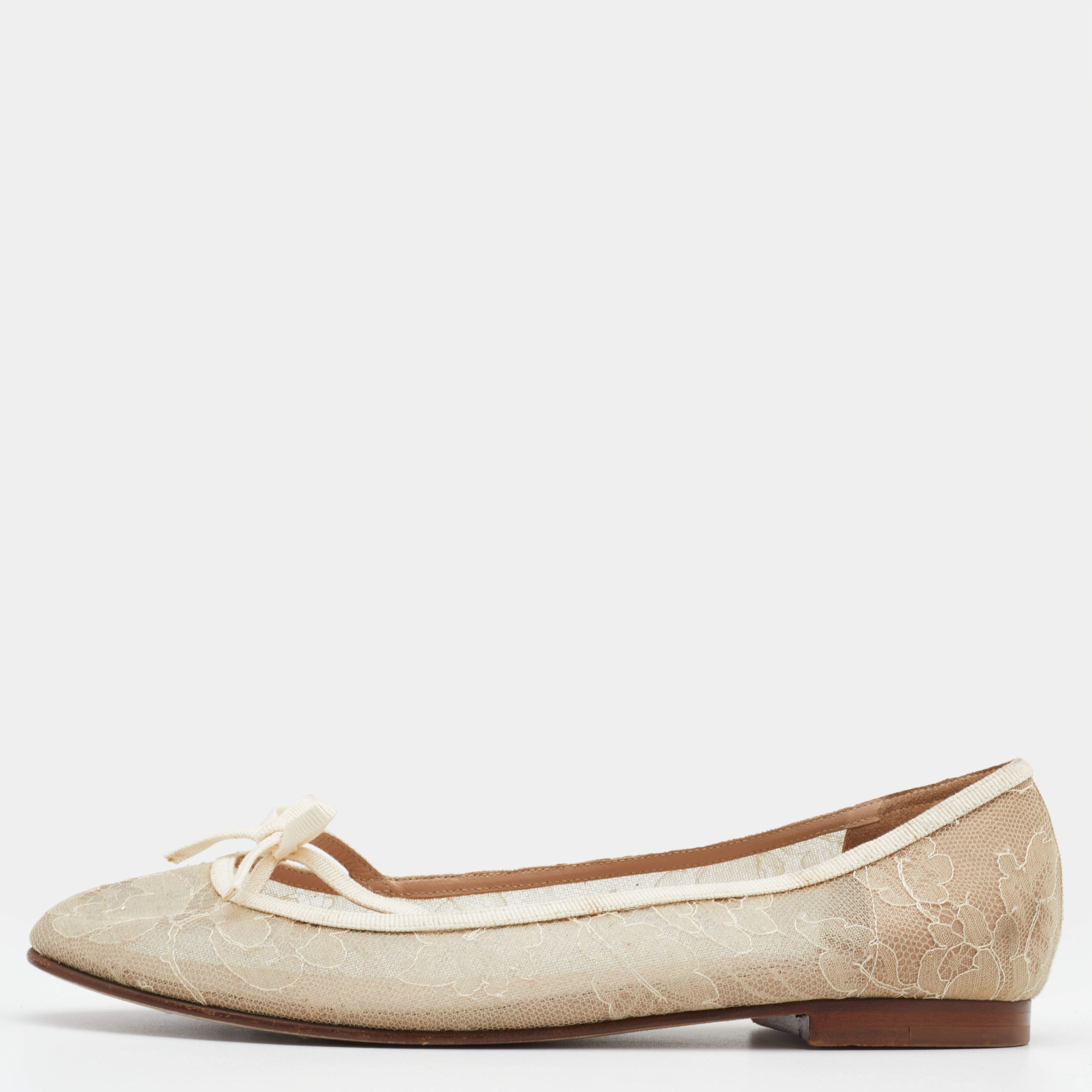 Pre Owned Valentino Beige Lace Bow Ballet Flats Size 37.5