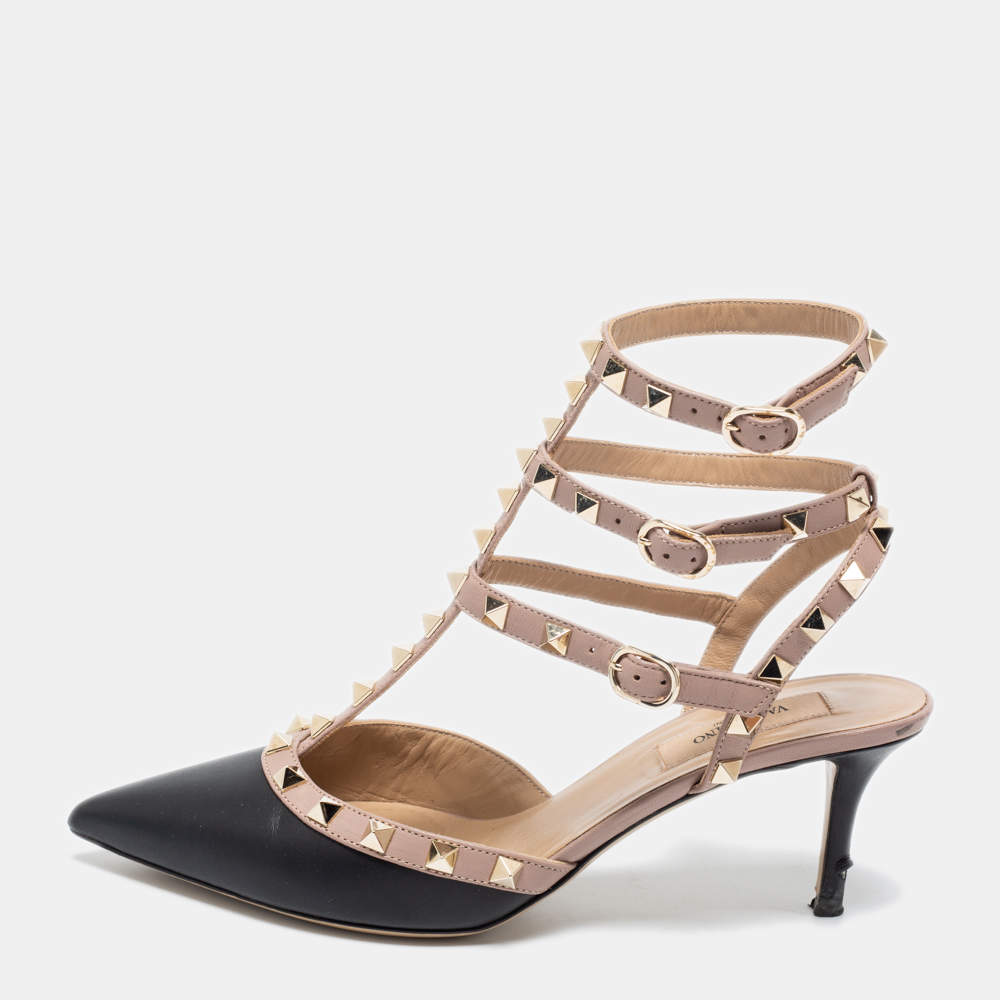 Pre Owned Valentino Black/Pink Leather Rockstud Ankle Strap Pointed Toe Sandals Size 37.5