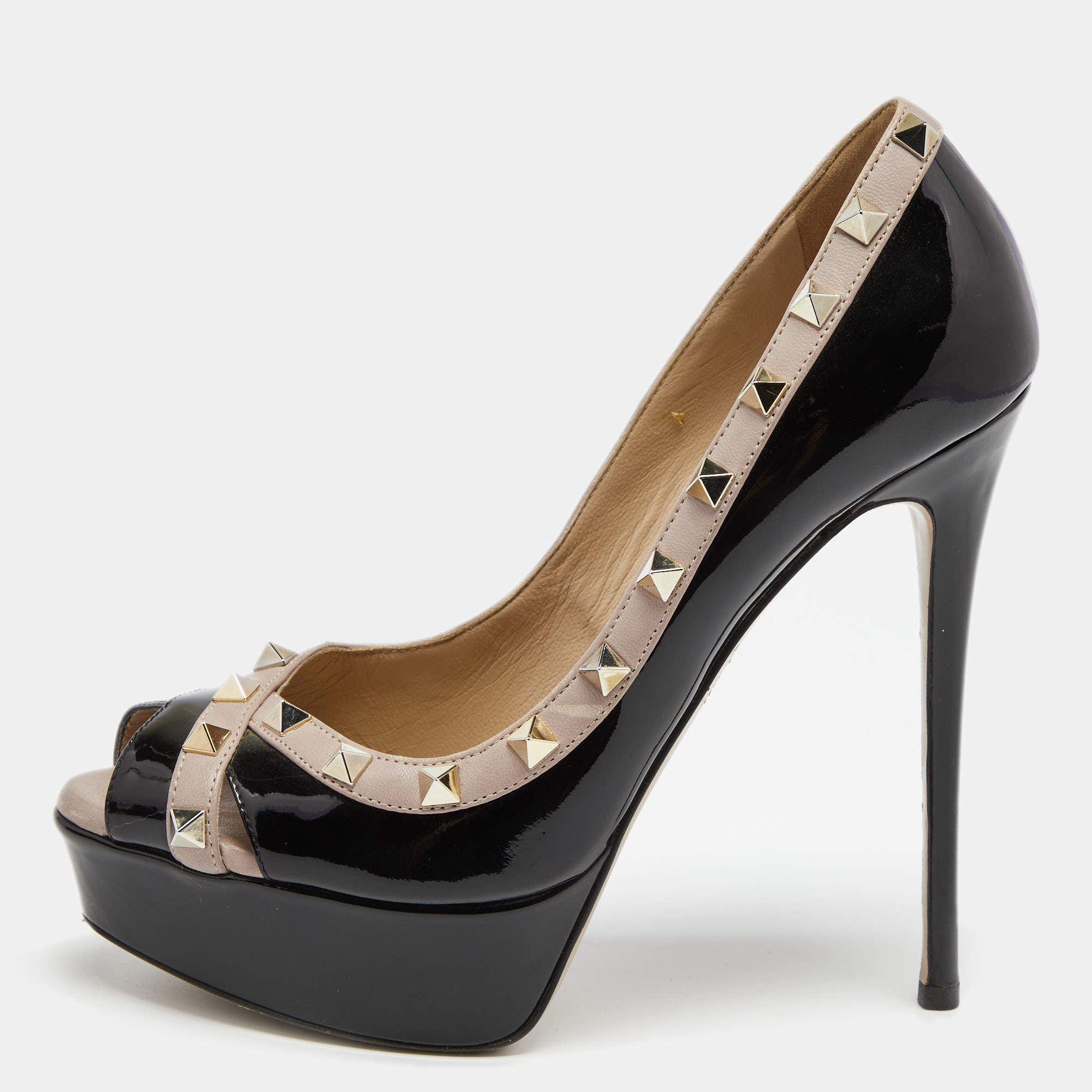 Pre Owned Valentino Black/Beige Patent Leather Rockstud Crisscross Peep Toe Platform Pumps Size 37.5