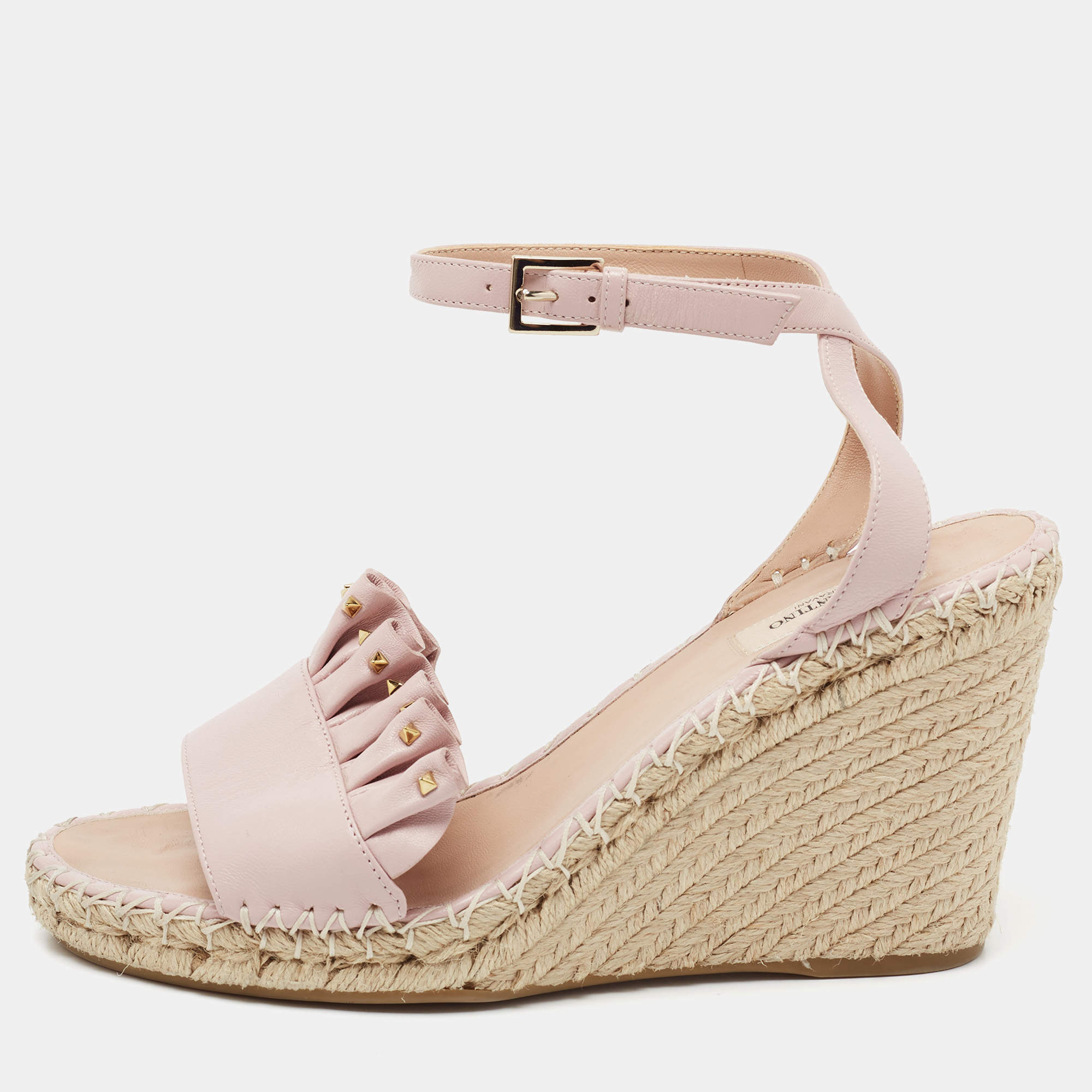 Pre Owned Valentino Light Pink Leather Studded Ruffle-Trimmed Espadrille Wedge Sandals Size 40