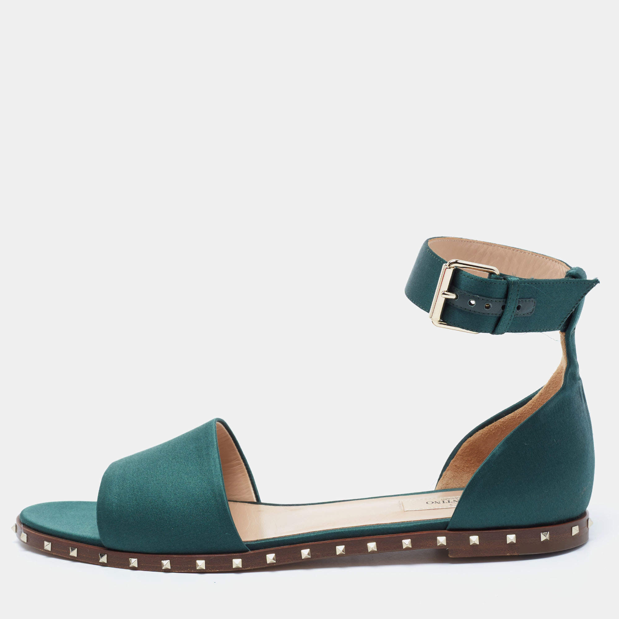 Pre Owned Valentino Dark Green Satin Soul Rockstud Ankle-Strap Flat Sandals Size 40