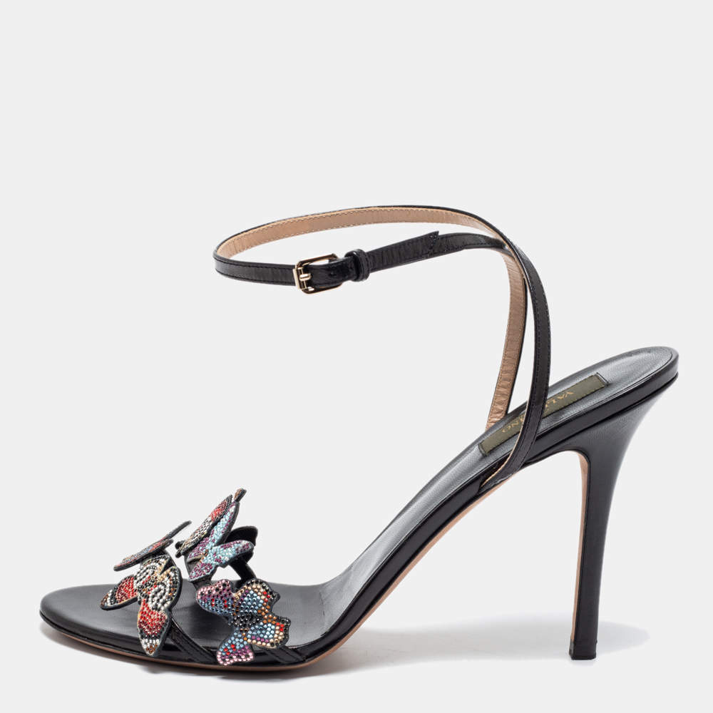Pre Owned Valentino Black Leather Butterfly Sandals Size 41.5