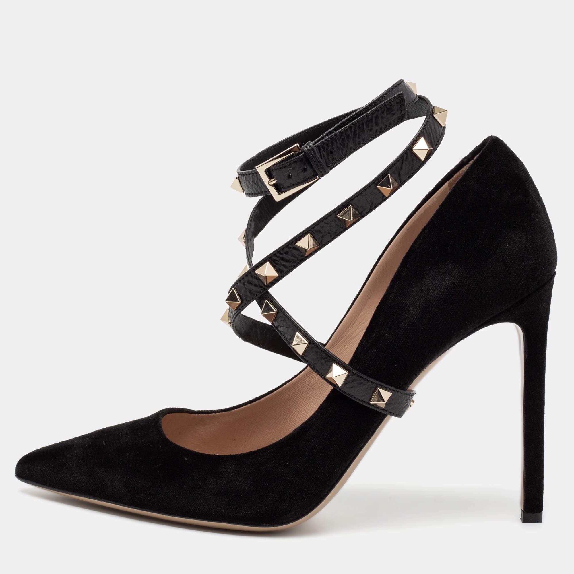 Pre Owned حذاء كعب عالي فالنتينو جلد وفطيفة أسود روكستد بحزام للكاحل ومقدمة مدببة مقاس 41