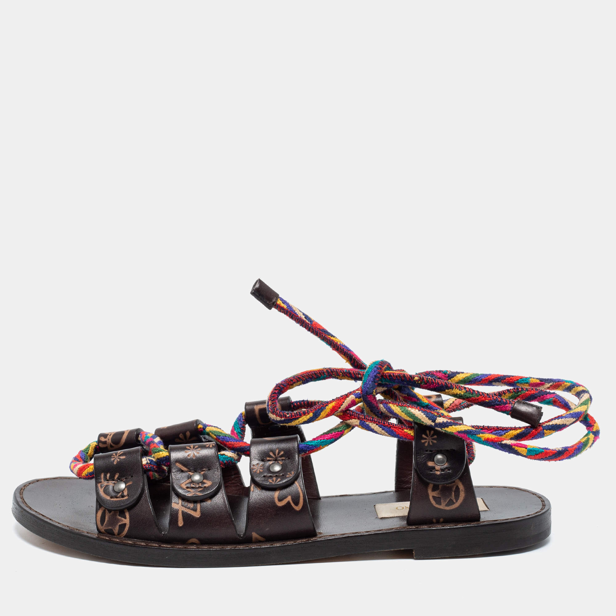 Pre Owned Valentino Brown Leather And Multicolor Cord Flat Gladiator Sandals Size 35