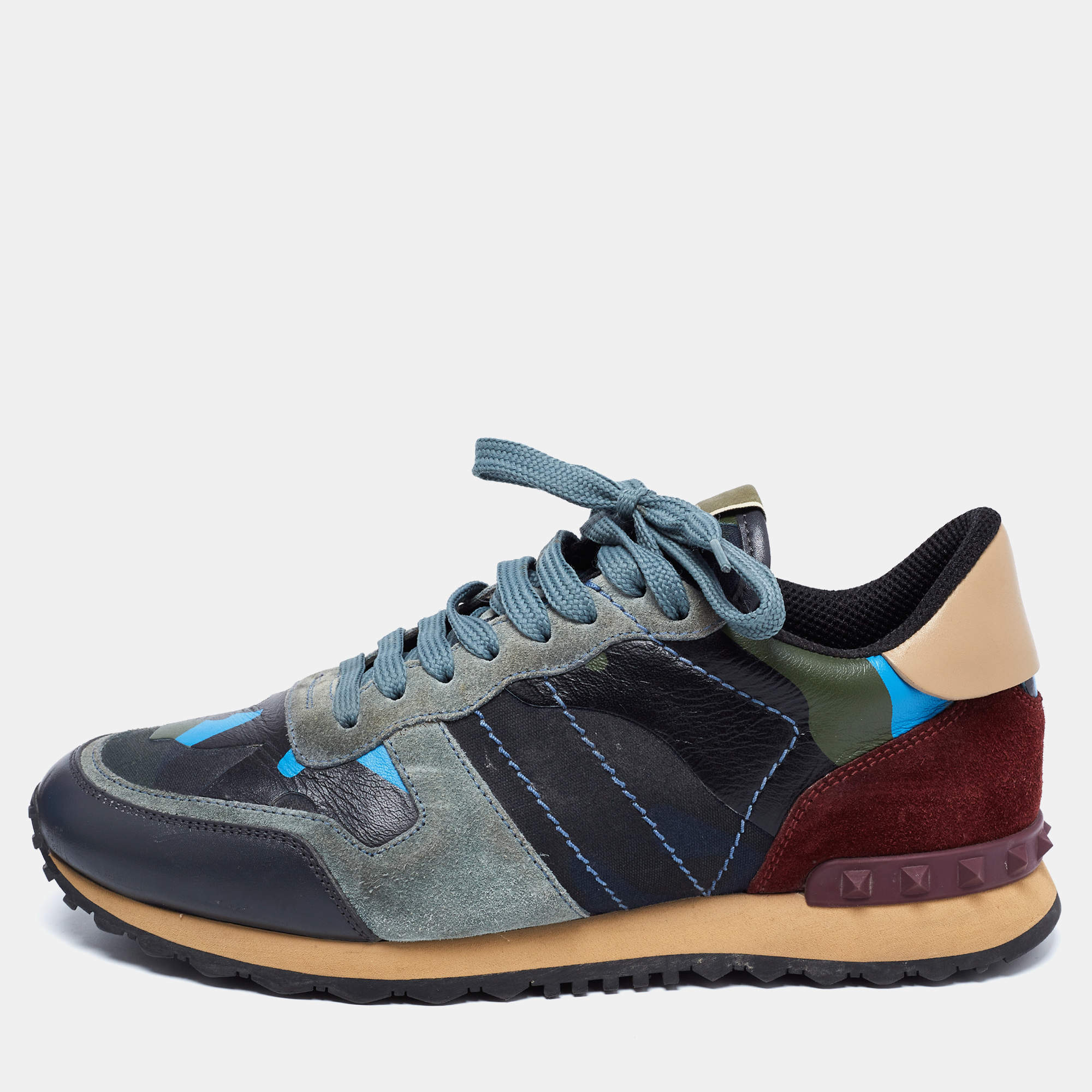 Pre Owned Valentino Multicolor Suede, Camo Print Leather and Canvas Rockrunner Low-Top Sneakers Size 39.5