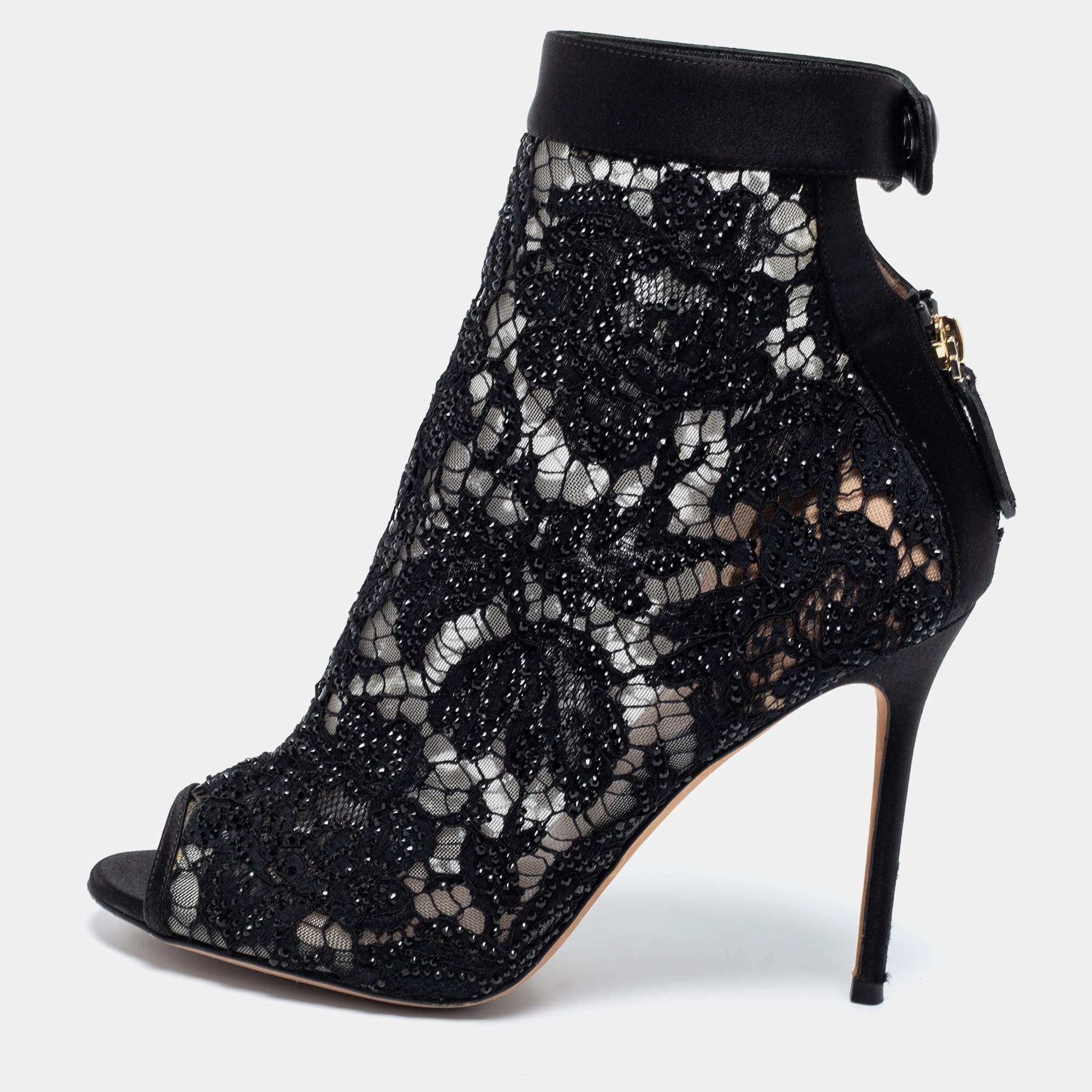 Pre Owned Valentino Black Lace Open Toe Ankle Boots Size 39