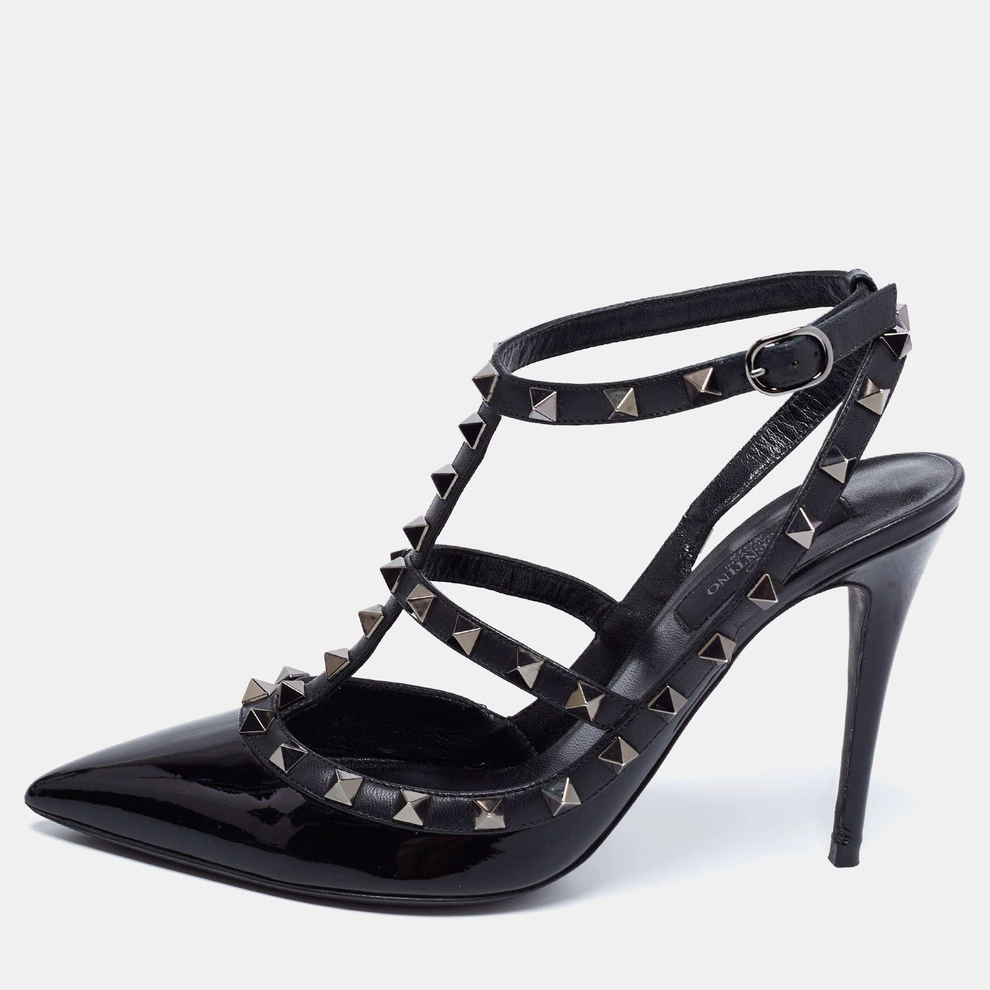 Pre Owned Valentino Black Patent and Leather Rockstud Ankle Strap Pumps Size 38.5