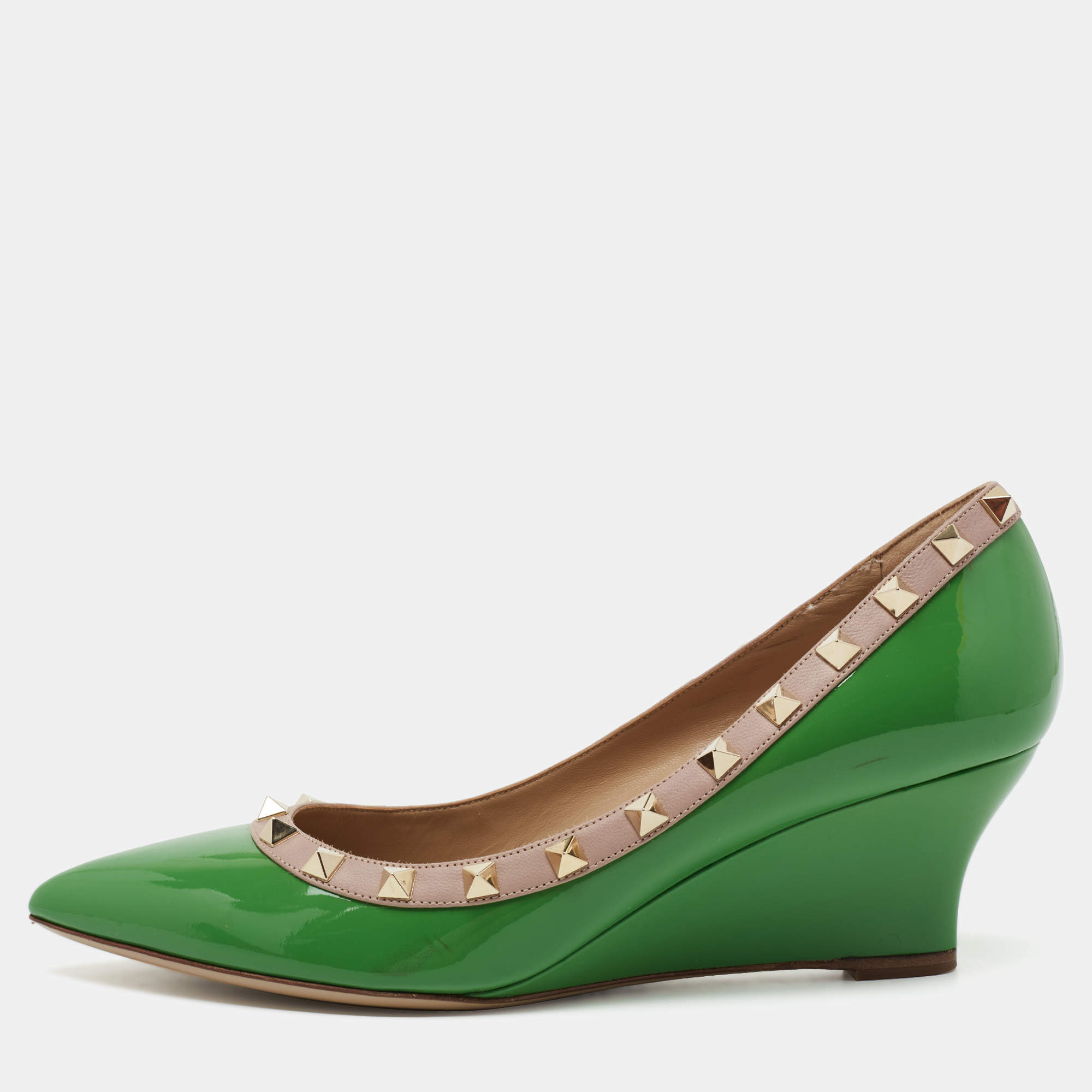 Pre Owned Valentino Green/Beige Patent And Leather Rockstud Wedge Pumps Size 38