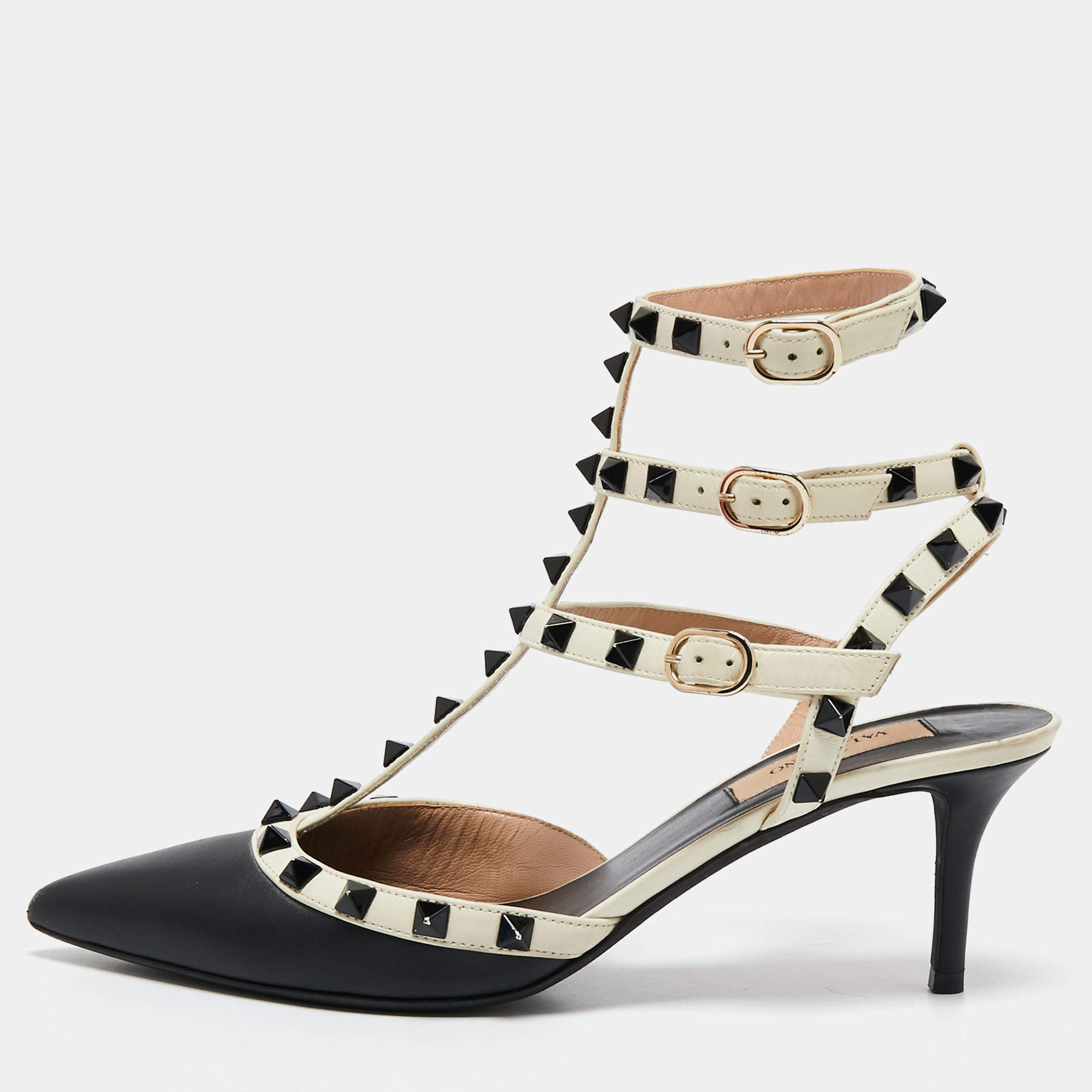 Pre Owned Valentino Black/Off-White Leather Rockstud Ankle Strap Pumps Size 37.5