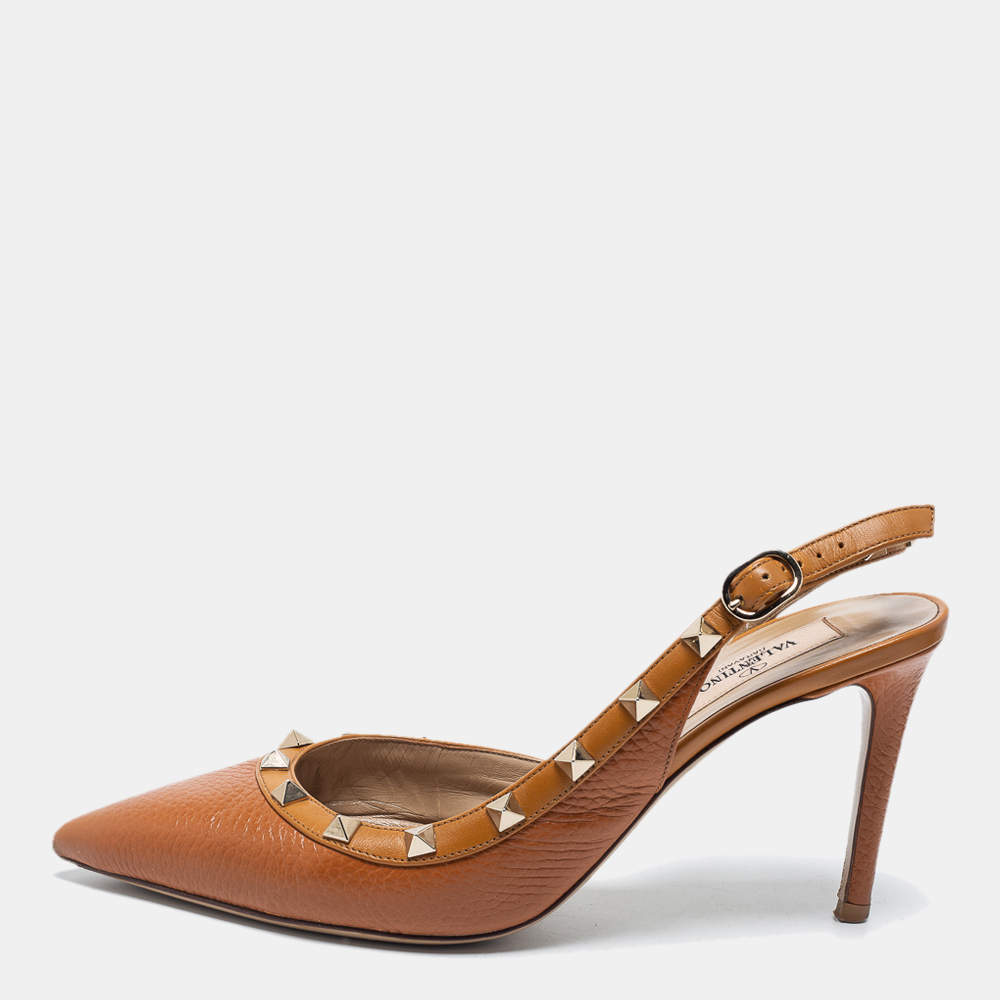 Pre Owned Valentino Tan Leather Rockstud Slingback Pumps Size 37.5