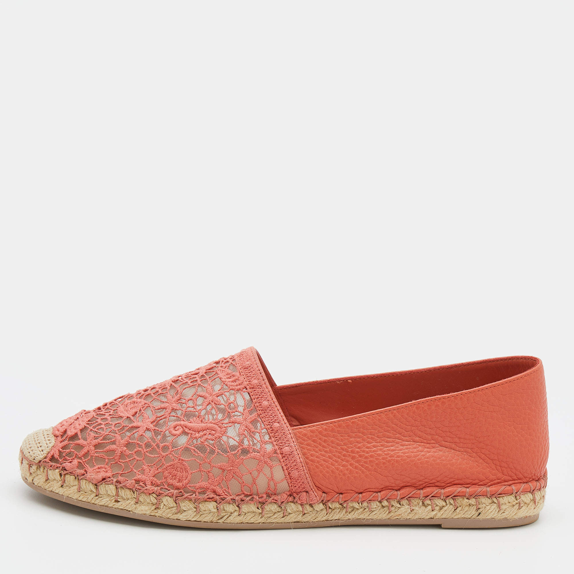 Pre Owned Valentino Light Orange Leather And Lace Espadrille Flats Size 40