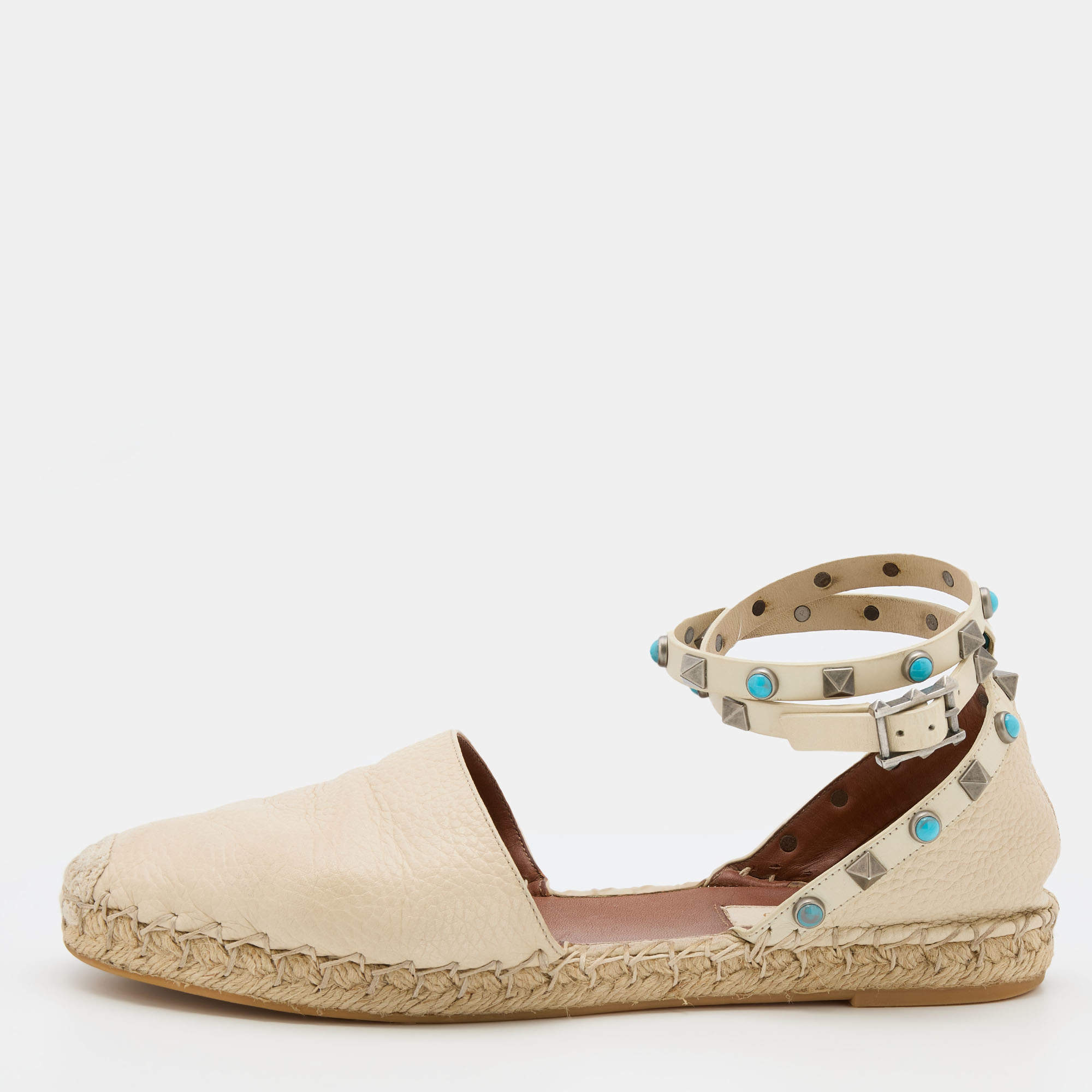 Pre Owned Valentino Off White Leather Rolling Rockstud Ankle Espadrille Flats Size 38
