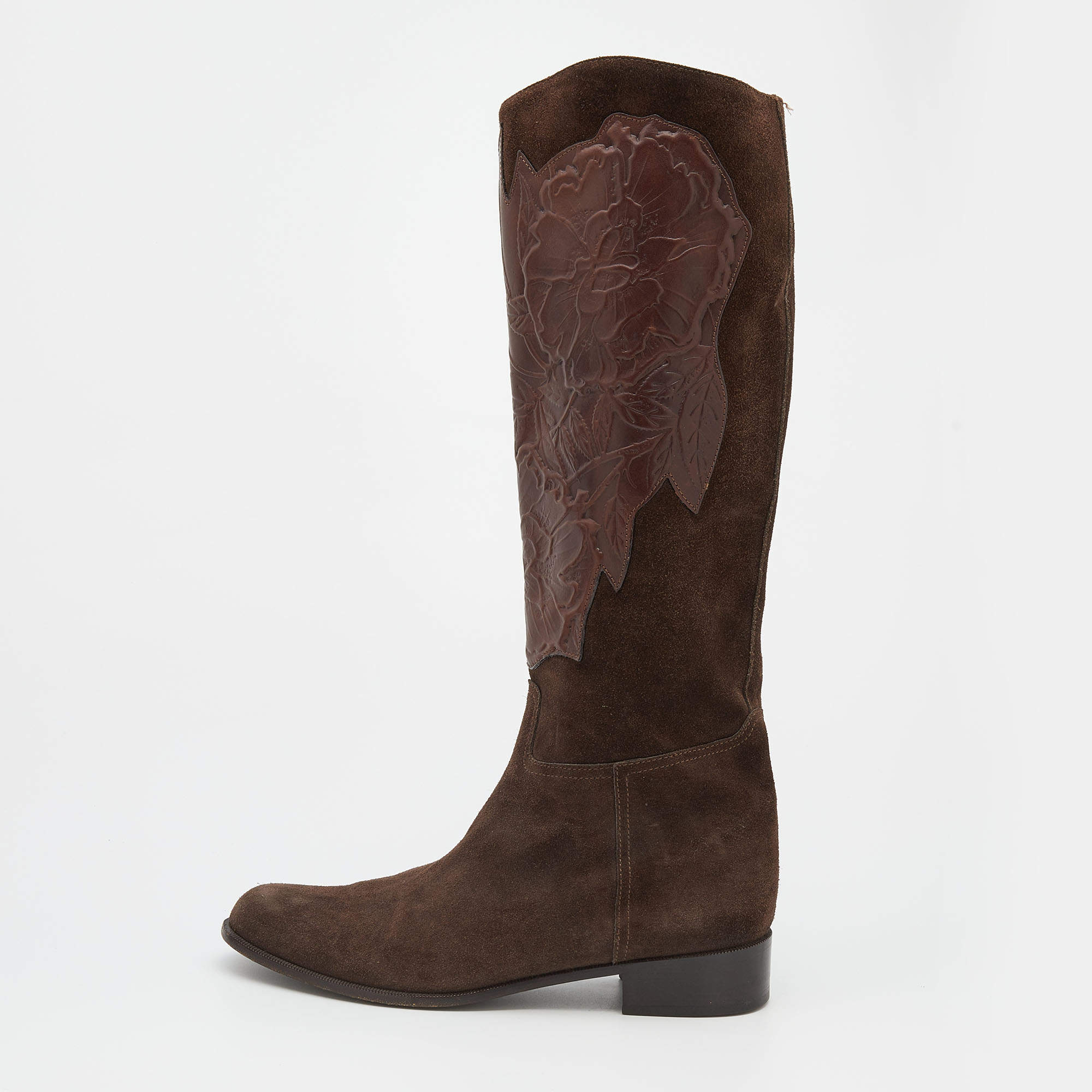 Pre Owned Valentino Brown Suede and Leather Knee Length Boots Size 38