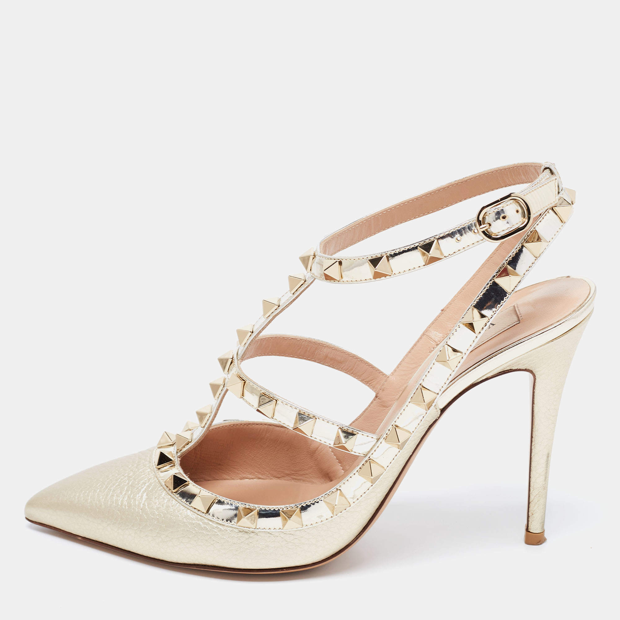 Pre Owned Valentino Gold Leather Rockstud Pumps Size 39
