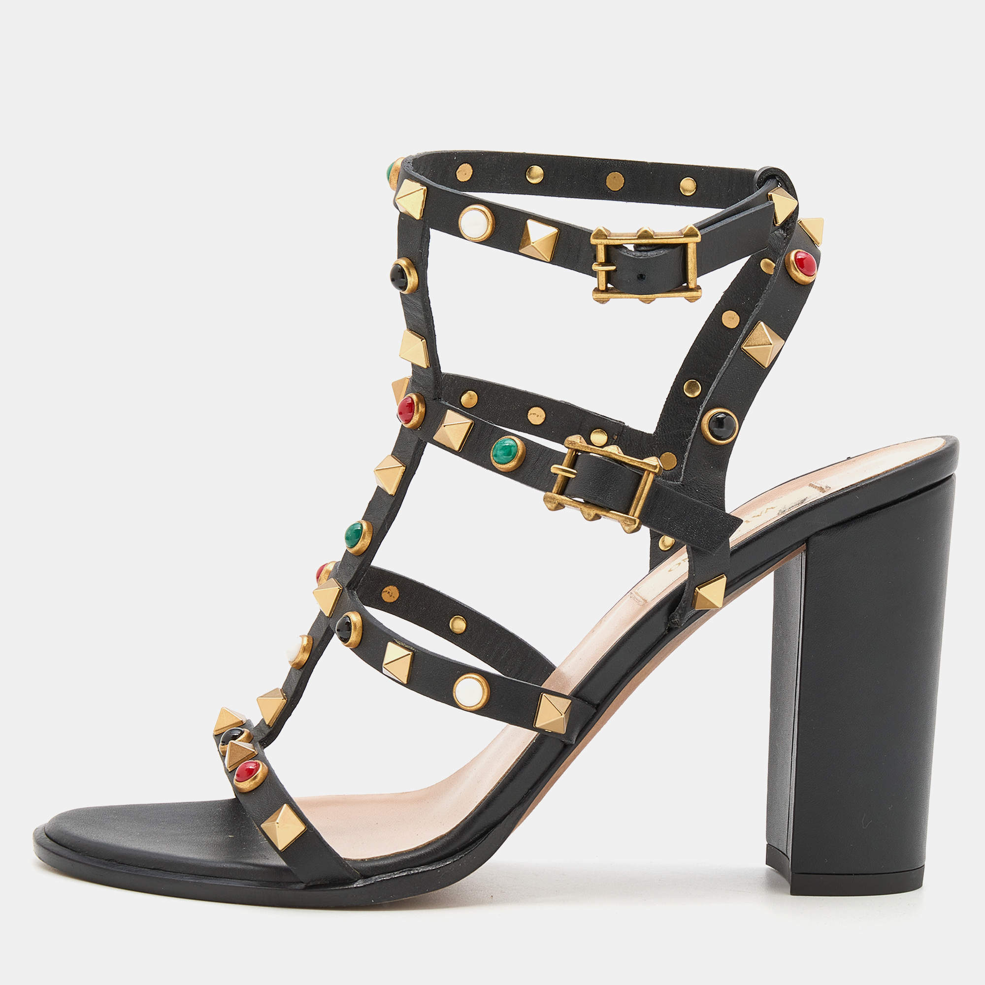 Pre Owned Valentino Black Leather Rolling Rockstud Sandals Size 38