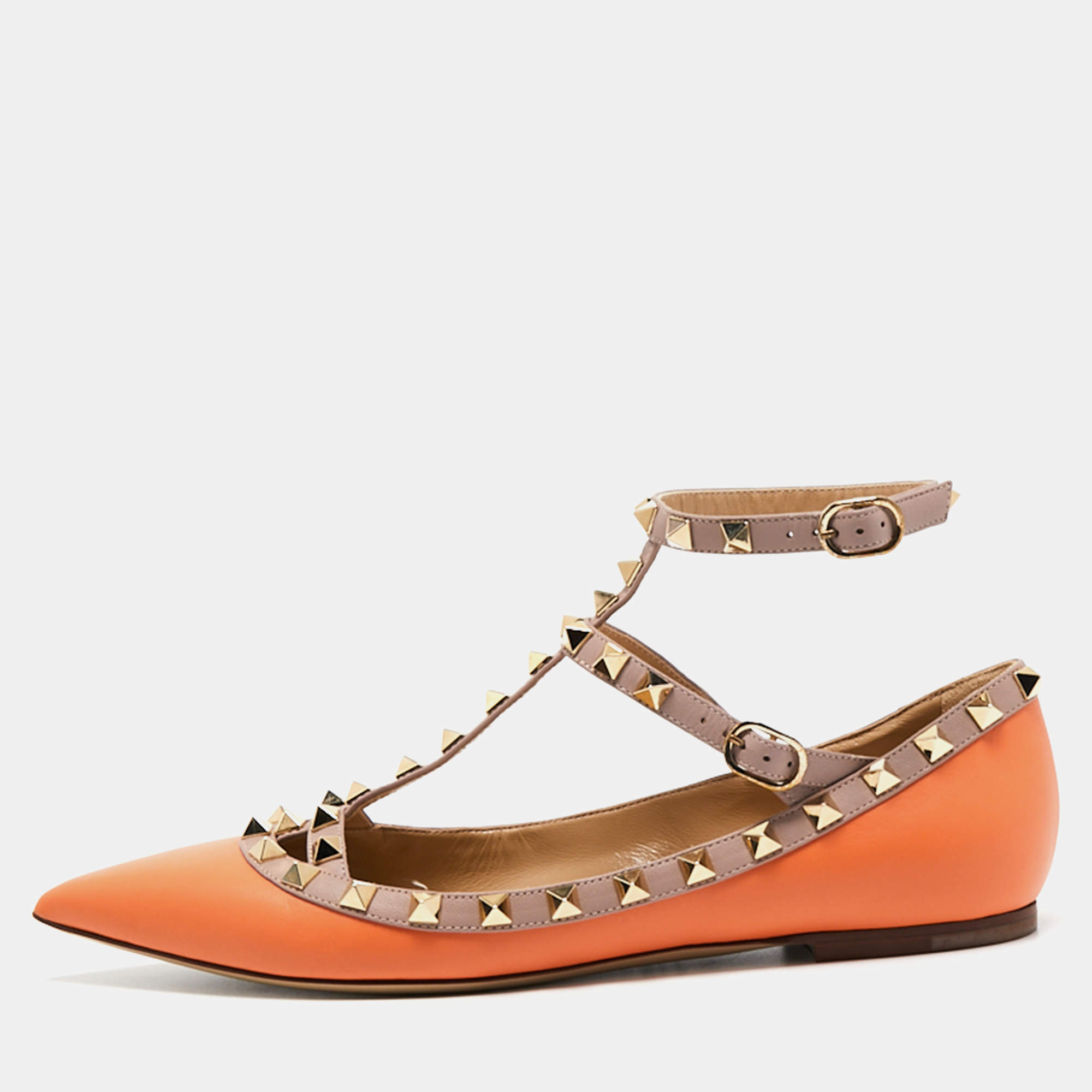 Pre Owned Valentino Orange/Beige  Leather Rockstud  Ankle Strap Ballet Flats Size 38