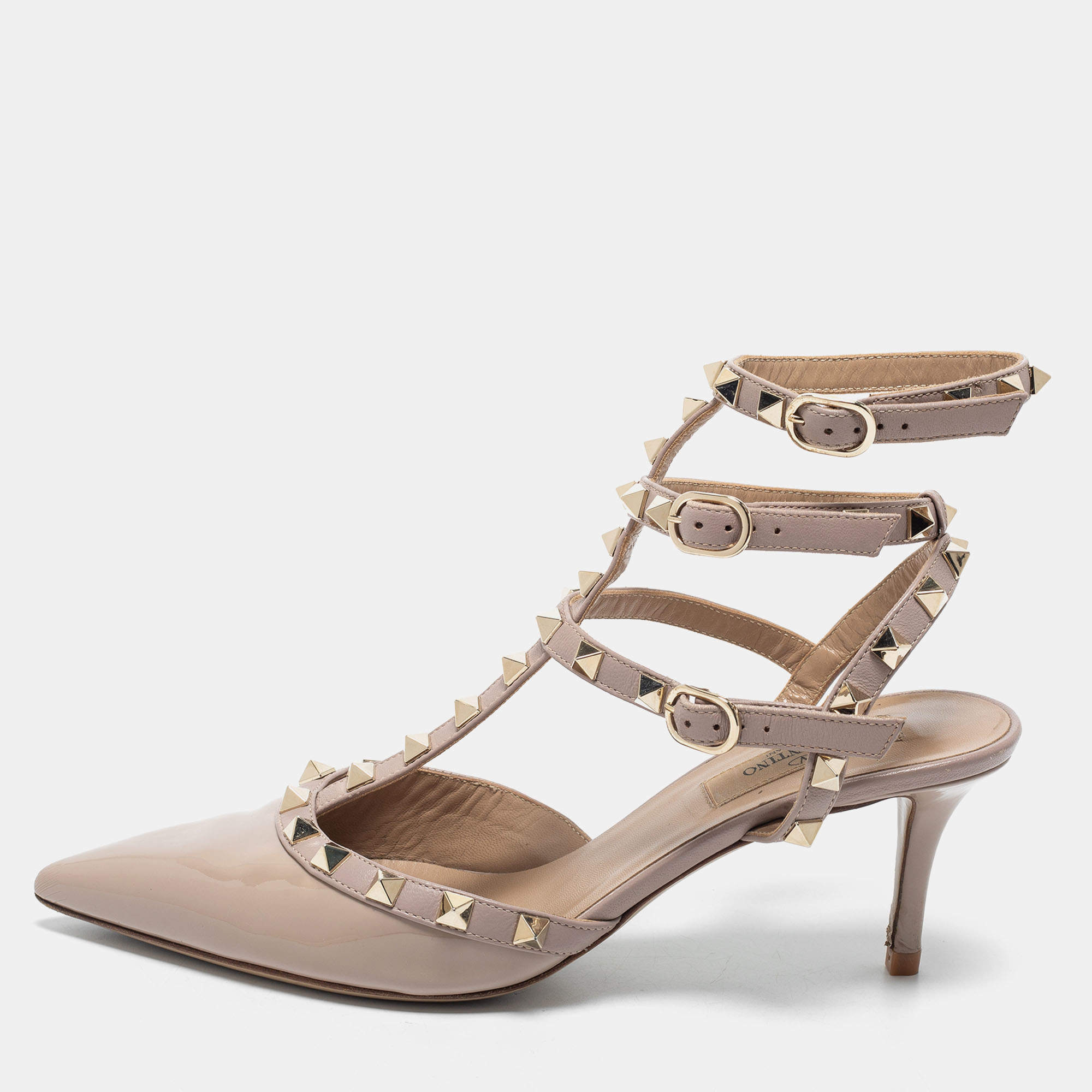 Pre Owned Valentino Beige Patent And Leather Rockstud  Ankle Strap Pumps Size 38