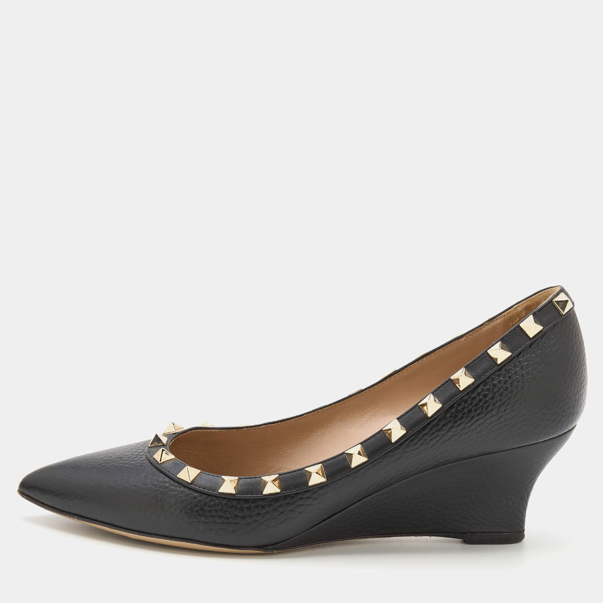 Pre Owned Valentino Black Leather Rockstud Wedge Pumps Size 37.5