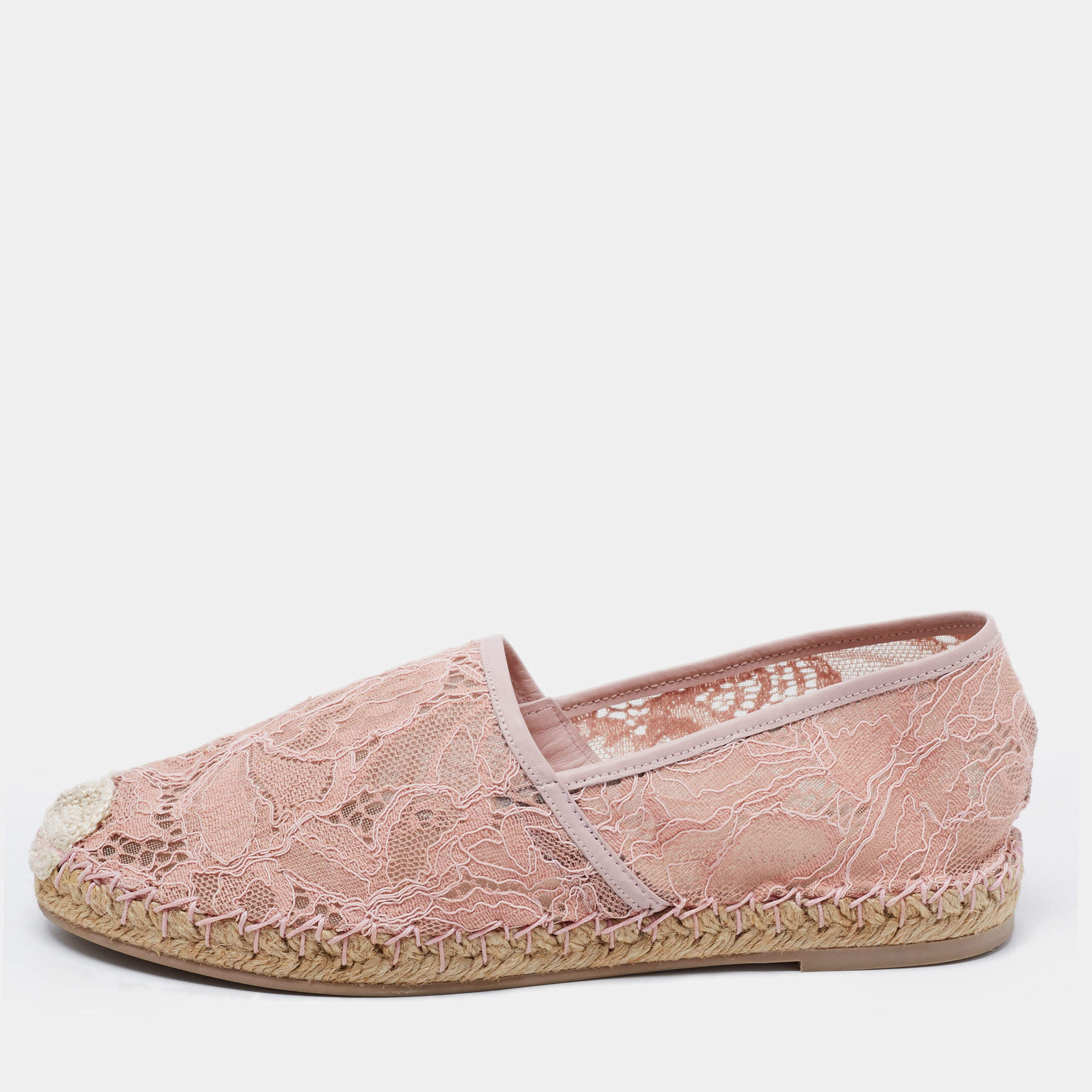 Pre Owned Valentino Pink Lace and Mesh Espadrille Flats Size 37