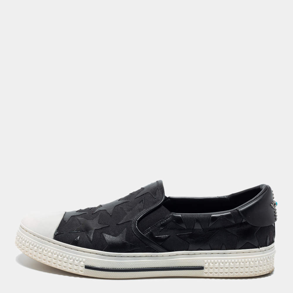 Pre Owned Valentino Black/White Canvas and Leather Star Embellished Slip On Sneakers Size 45