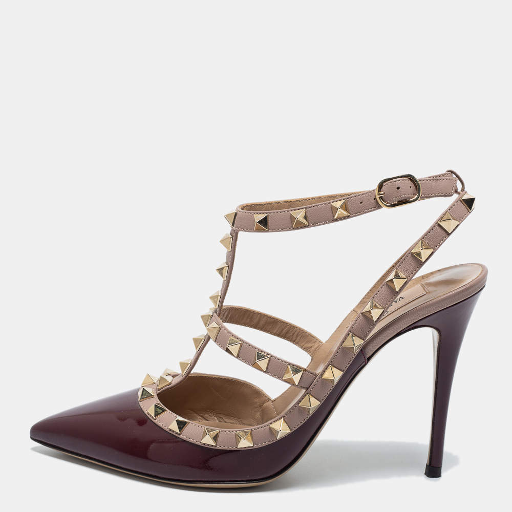Pre Owned Valentino Burgundy/Dusty Pink Patent and Leather Rockstud Ankle Strap Pumps Size 38