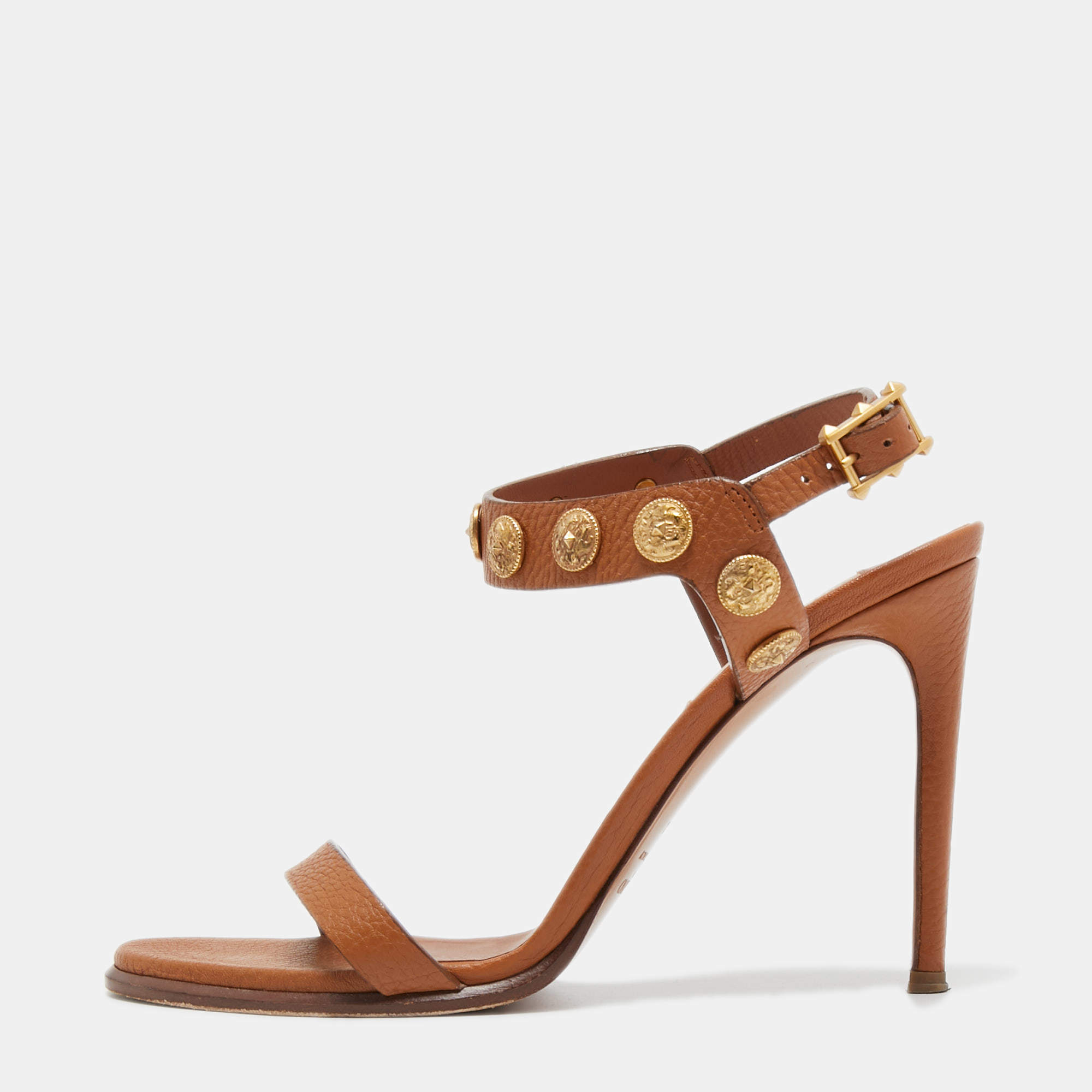 Pre Owned Valentino Tan Leather Studded Coin Ankle Strap Sandals Size 38.5