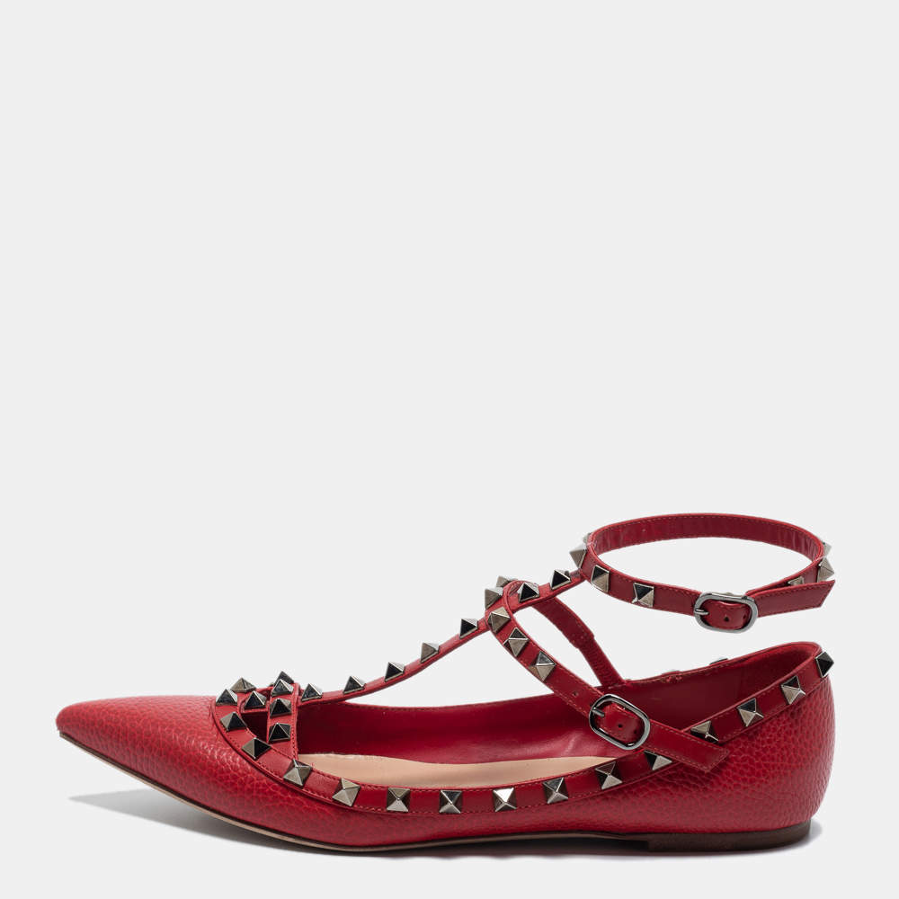 Pre Owned Valentino Red Leather Rockstud Ankle Strap Ballet Flats Size 39.5
