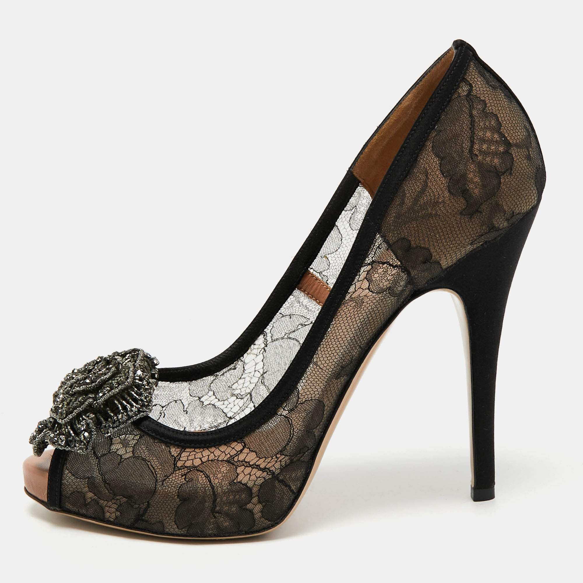 Pre Owned Valentino Black Lace Crystal Embellished Flower Peep Toe Pumps Size 40