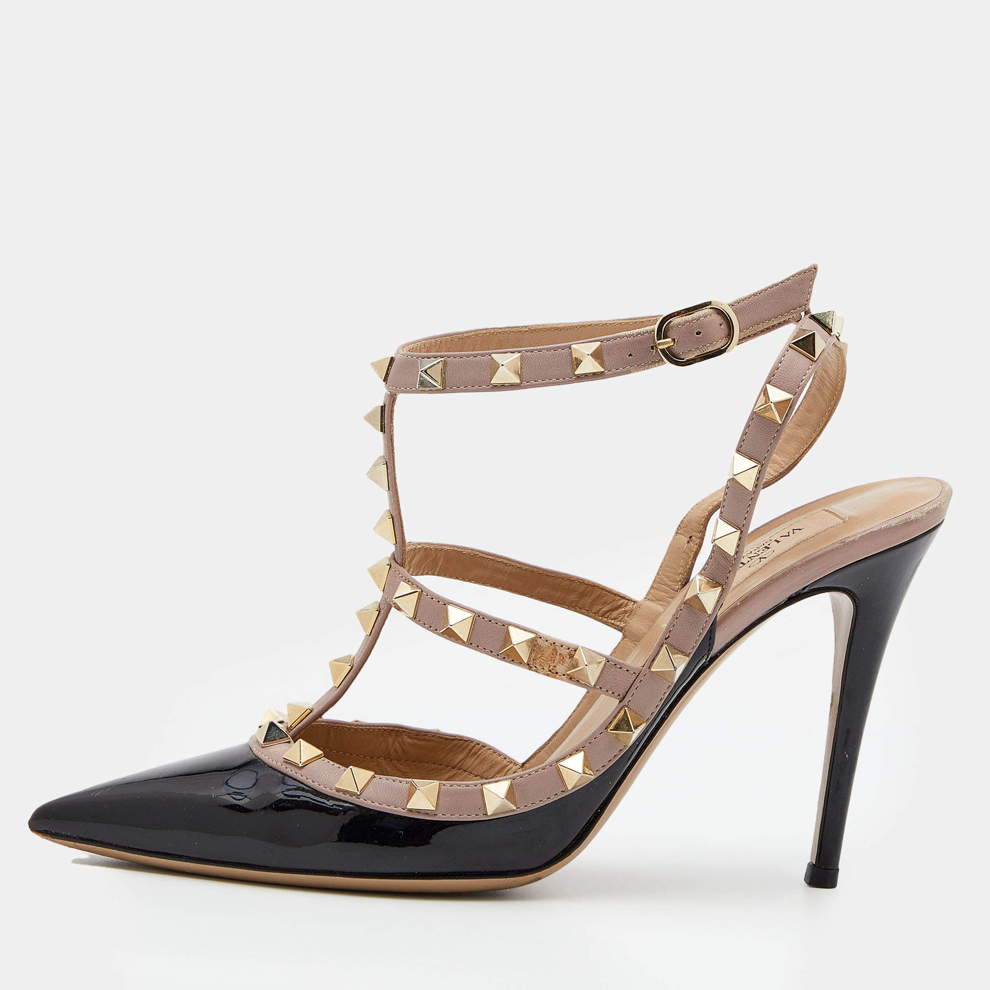 Pre Owned Valentino Black/Beige Patent Leather Rockstud Ankle Strap Pumps Size 39