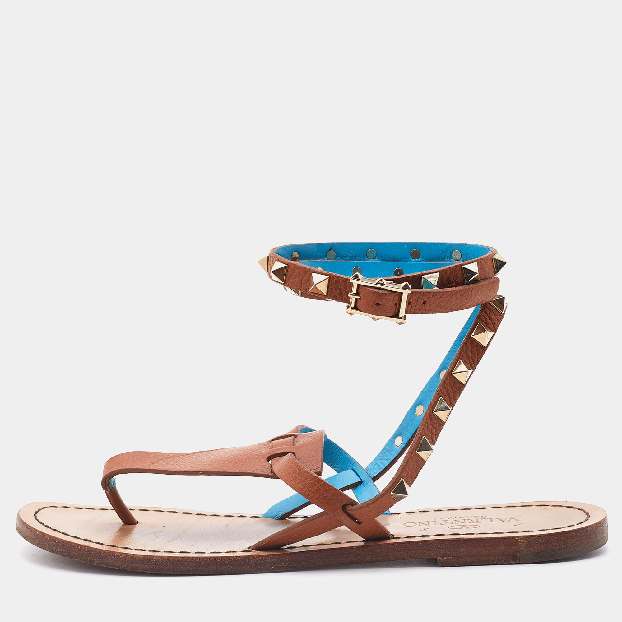 Pre Owned Valentino Brown Leather Rockstud Thong Ankle Strap Flats Size 38