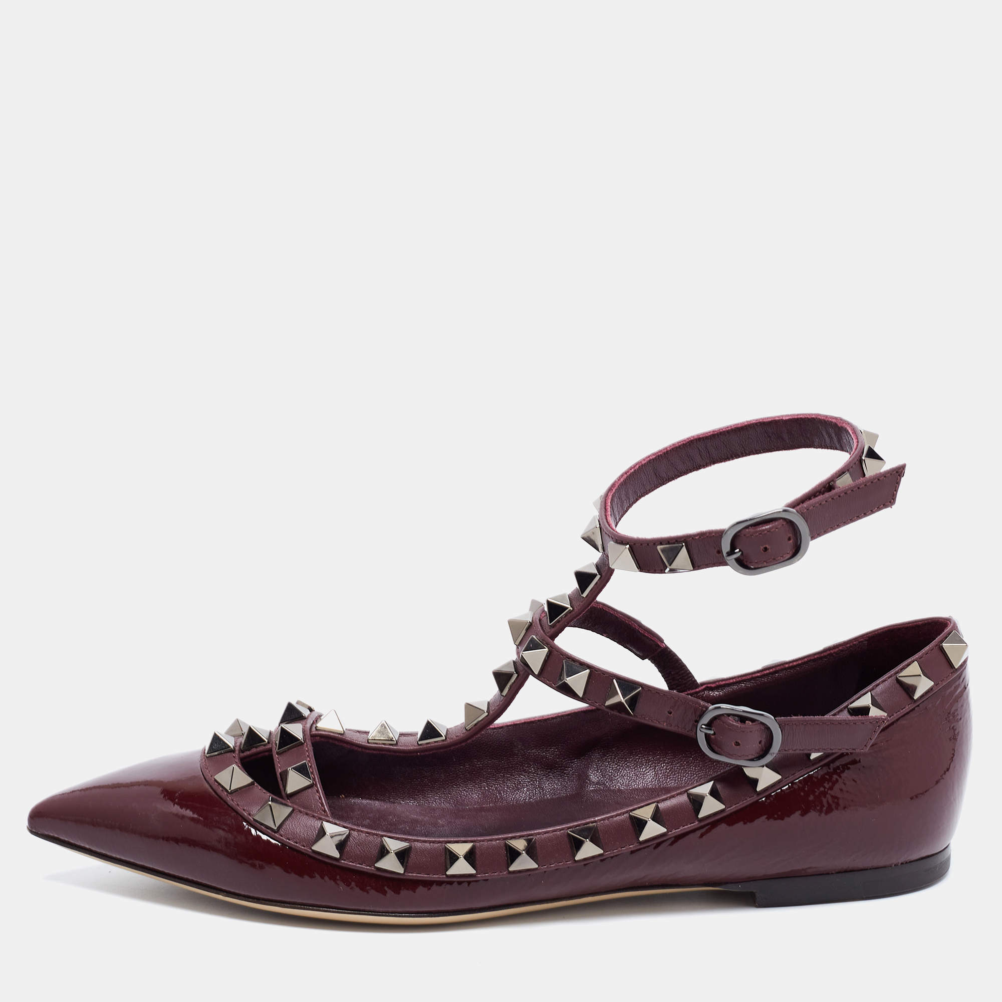 Pre Owned Valentino Burgundy Patent Leather Rockstud Ankle Strap Ballet Flats Size 35