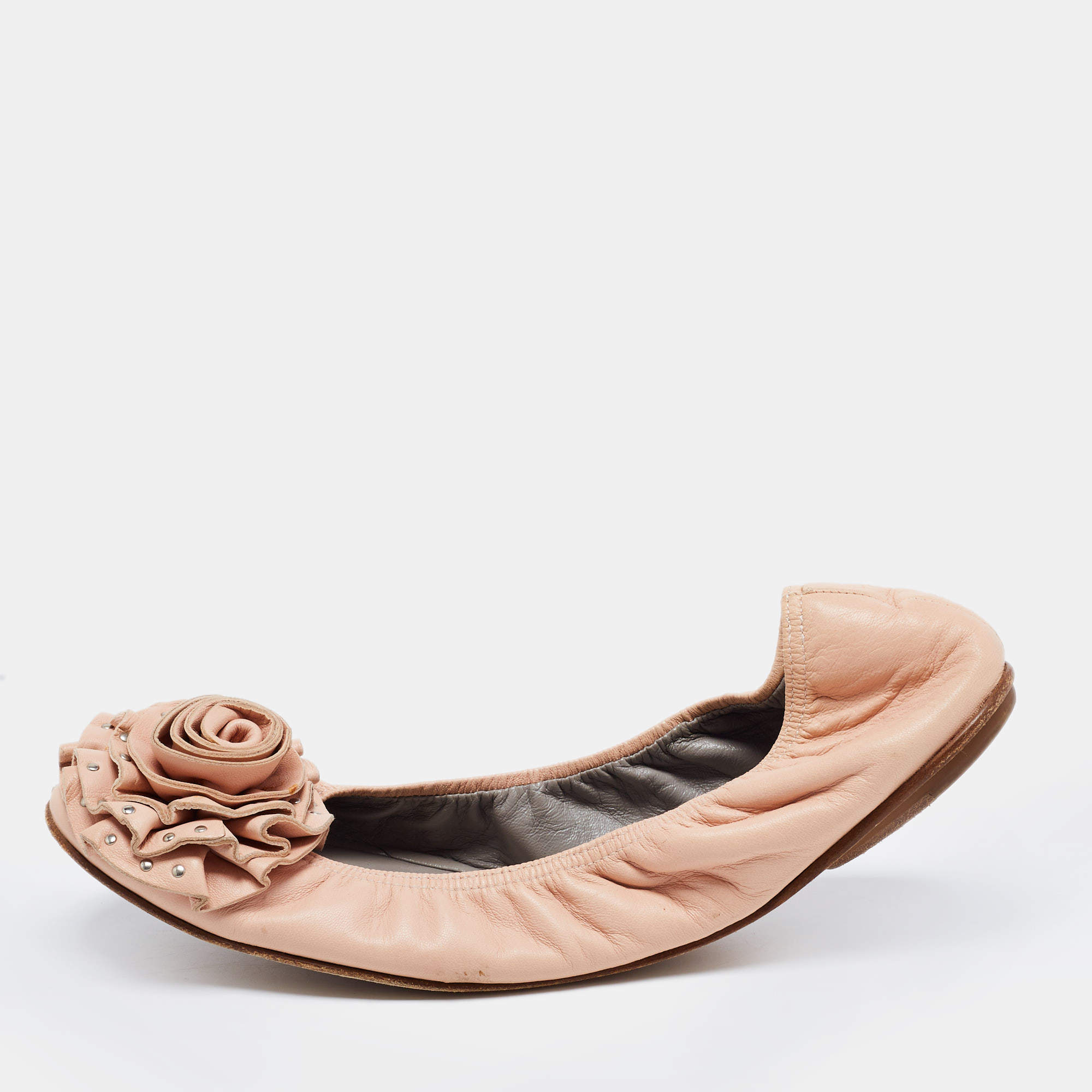 Pre Owned Valentino Beige Leather Embellished Ballet Flats Size 39