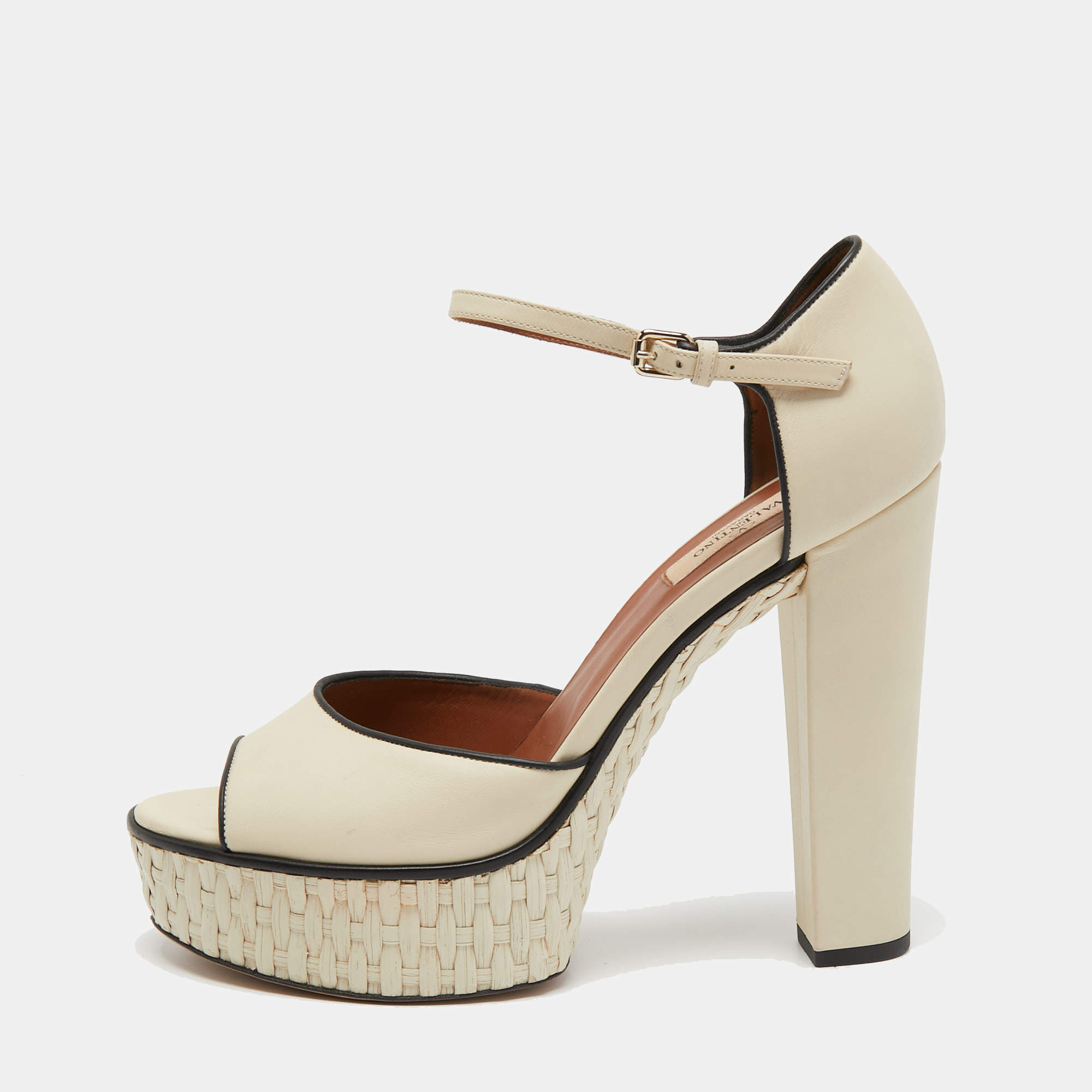 Pre Owned Valentino Cream Leather Platform Ankle Strap  Pumps Size 40.5