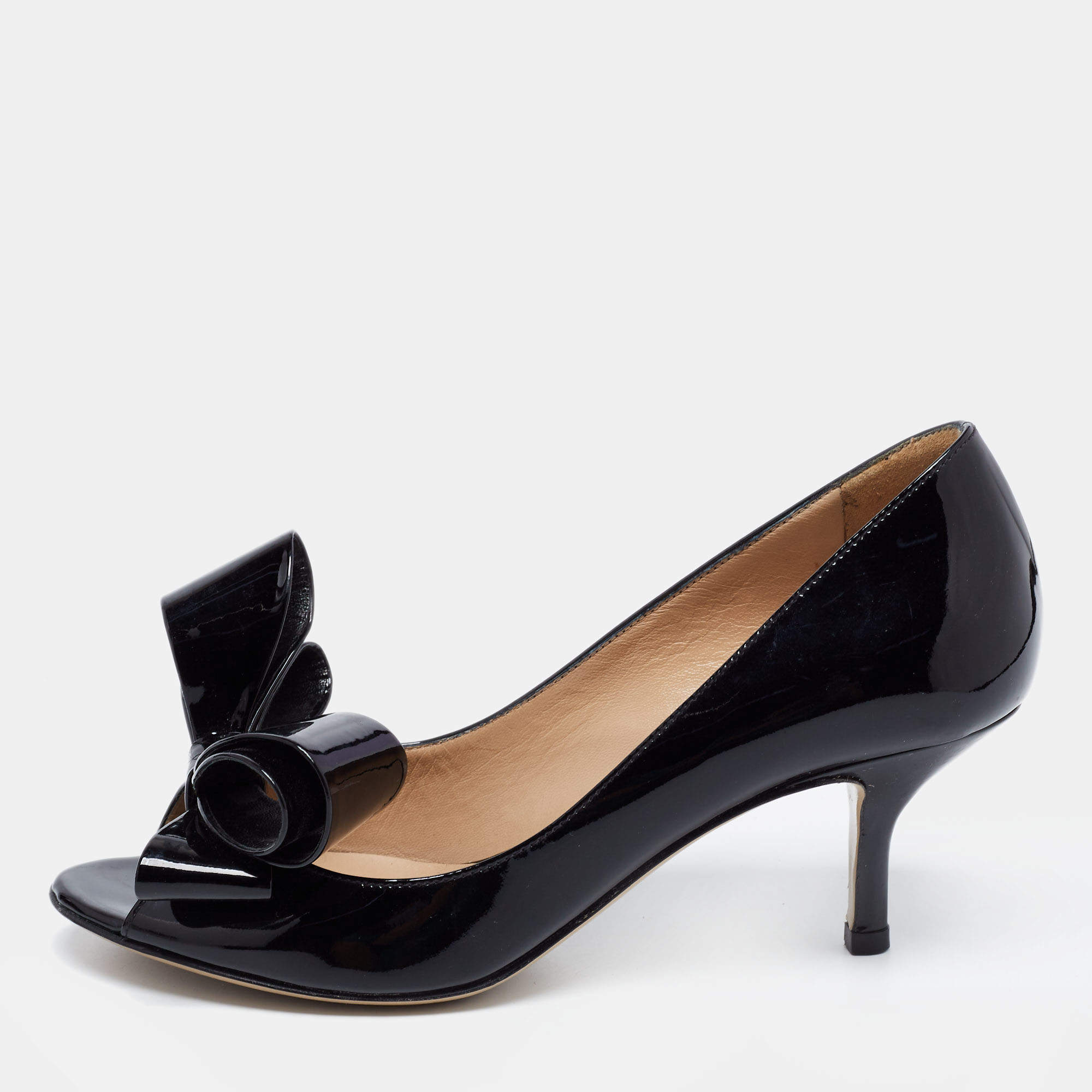 Pre Owned Valentino Black Patent Leather Bow Open Toe Pumps Size 35