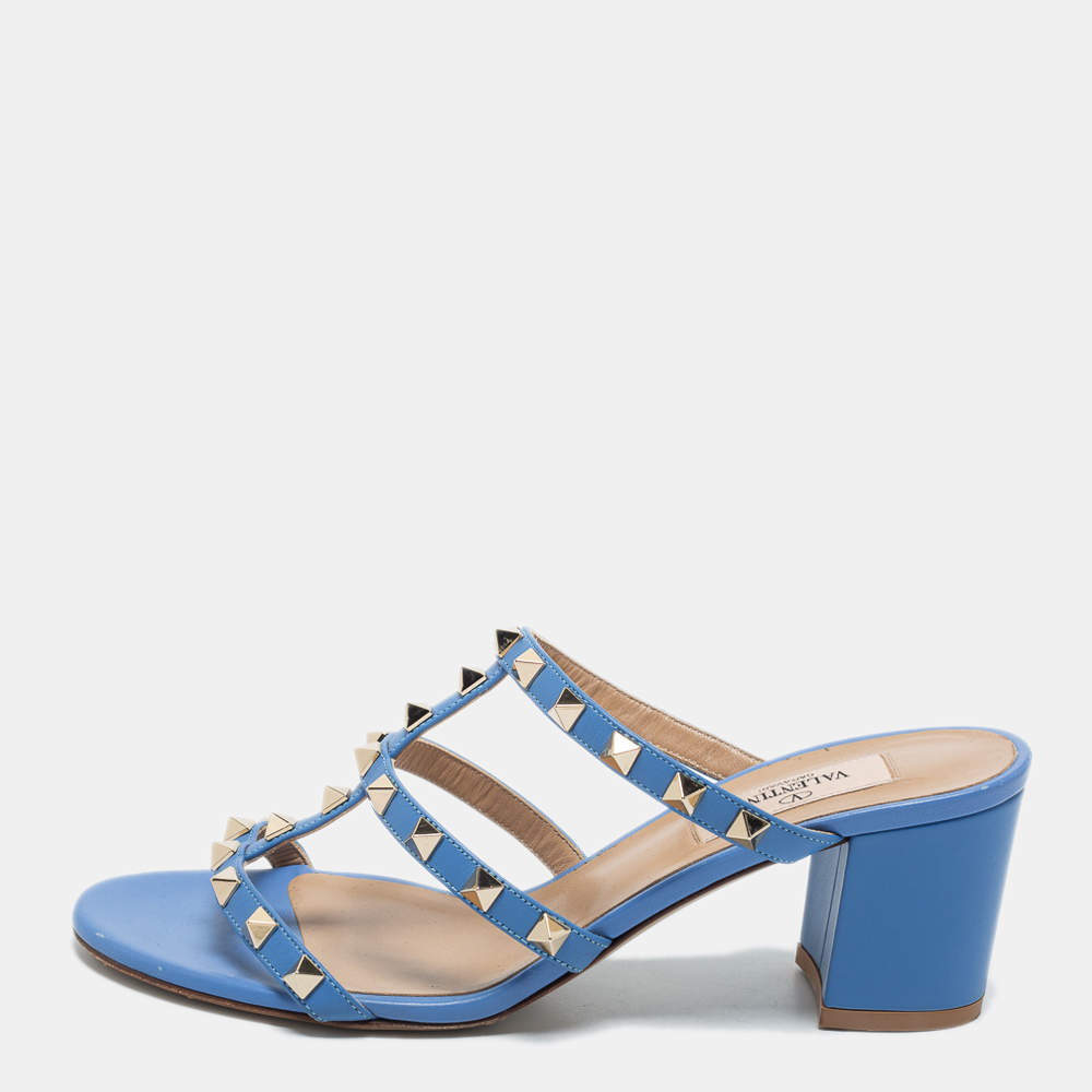 Pre Owned Valentino Blue Leather Rockstud Slide Sandals Size 37.5
