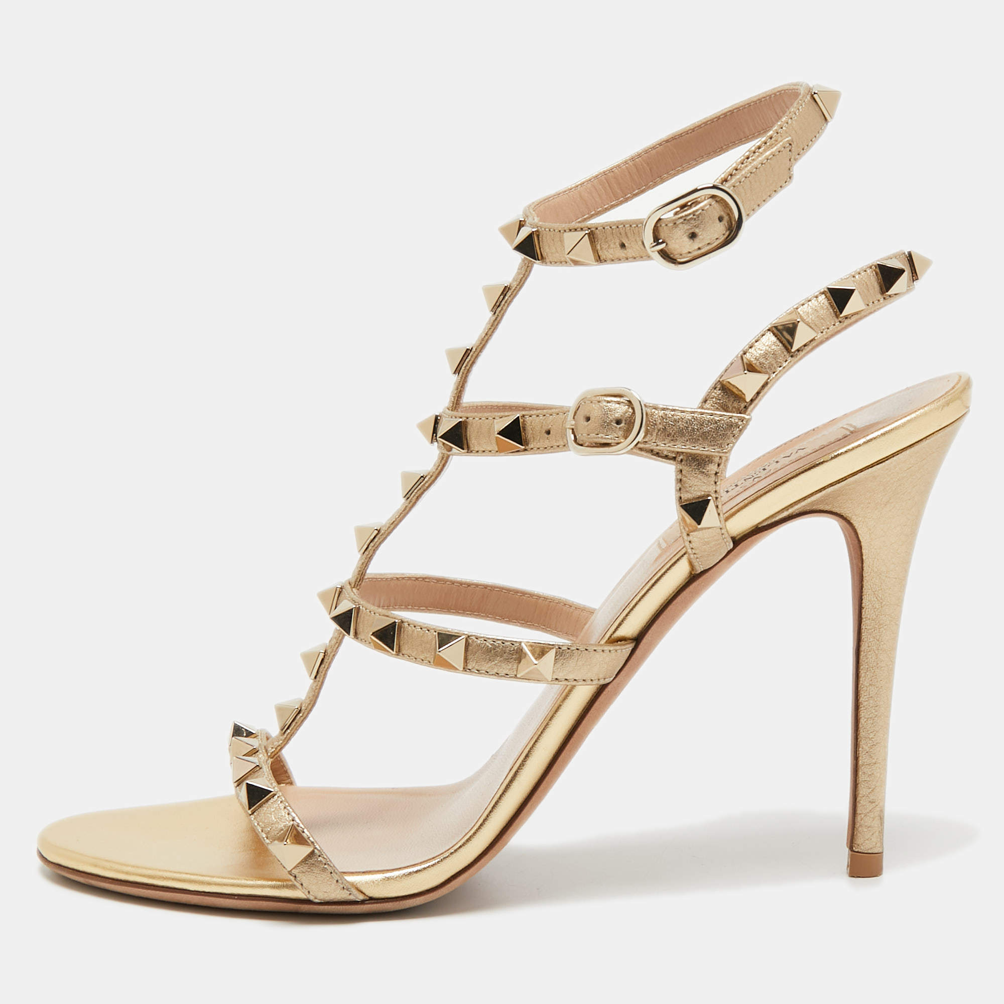 Pre Owned Valentino Gold Leather Rockstud Ankle Strap Sandals Size 39.5